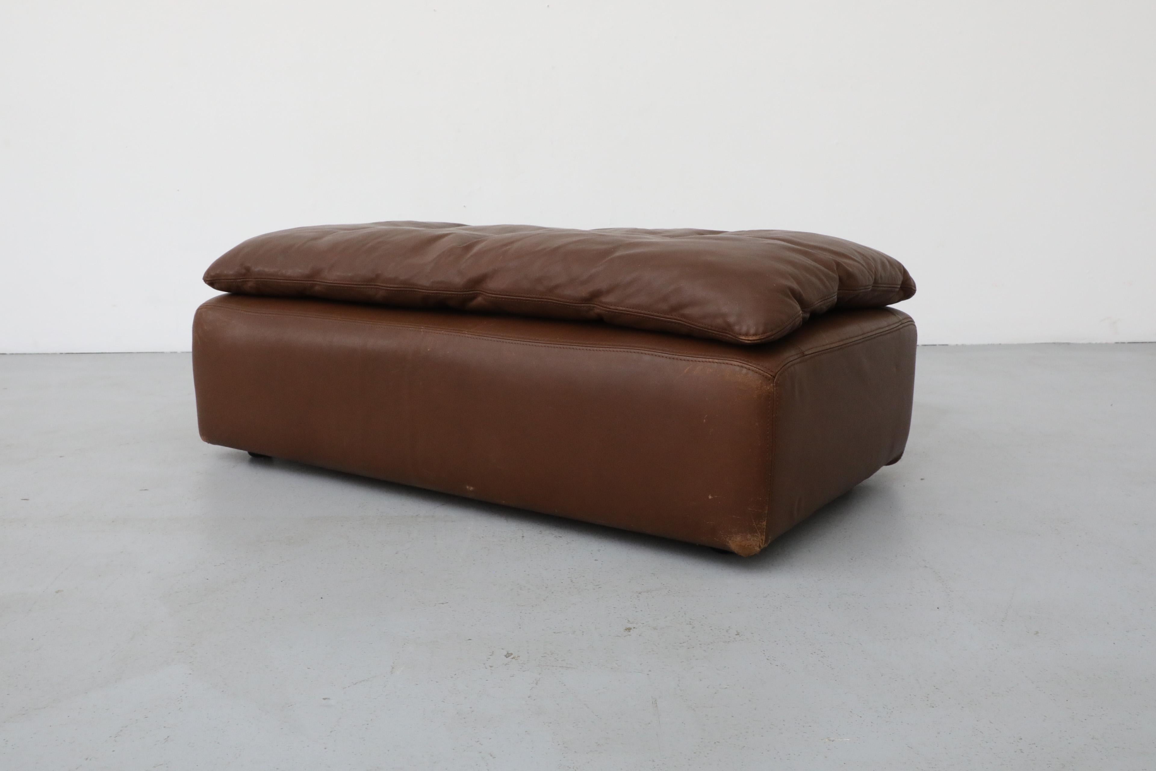 Long Gelderland Brown Leather Ottoman with Top Cushion