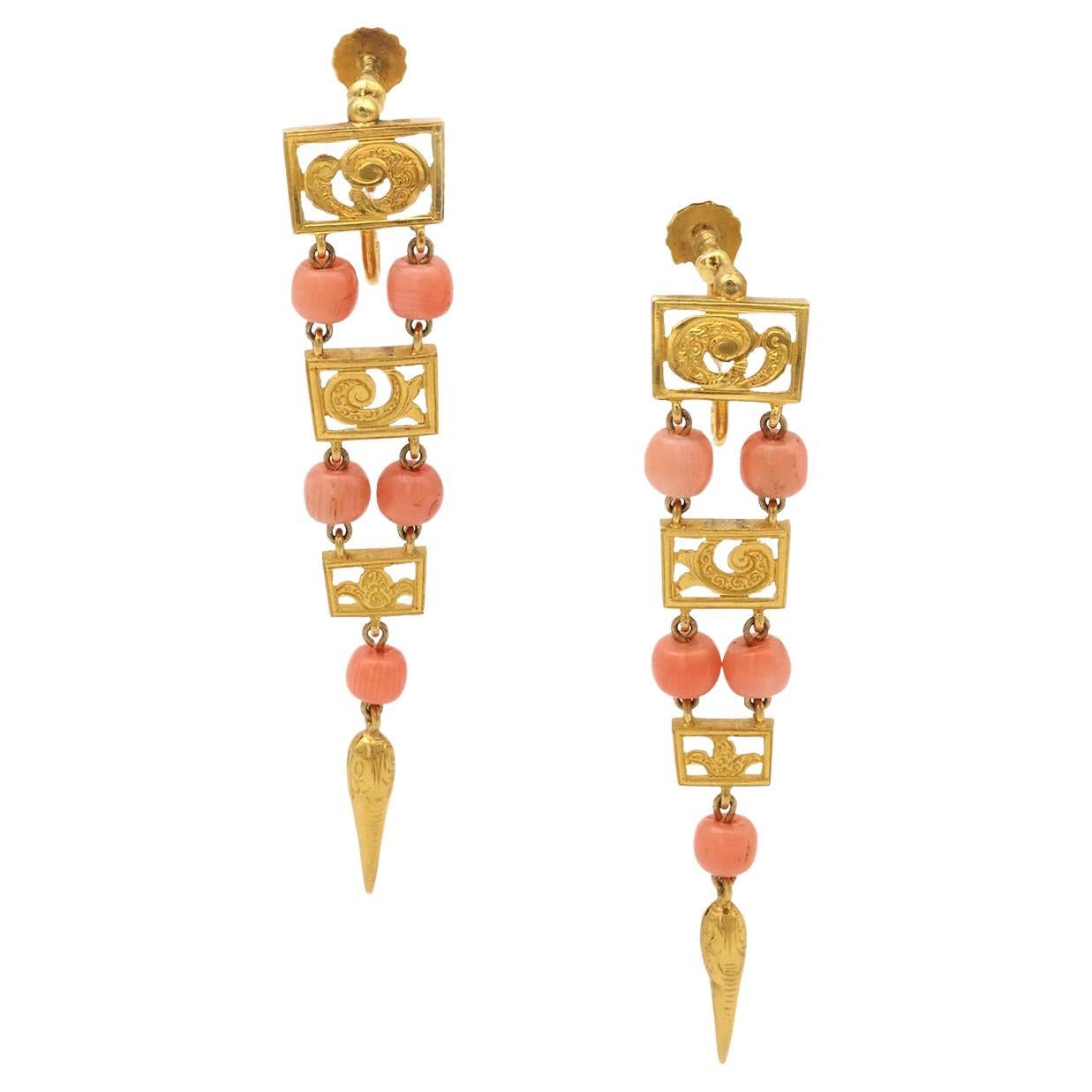 Long Georgian Italian earrings 18k gold, Etruscan revival antique pendants