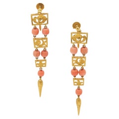 Long Georgian Italian earrings 18k gold, Etruscan revival antique pendants