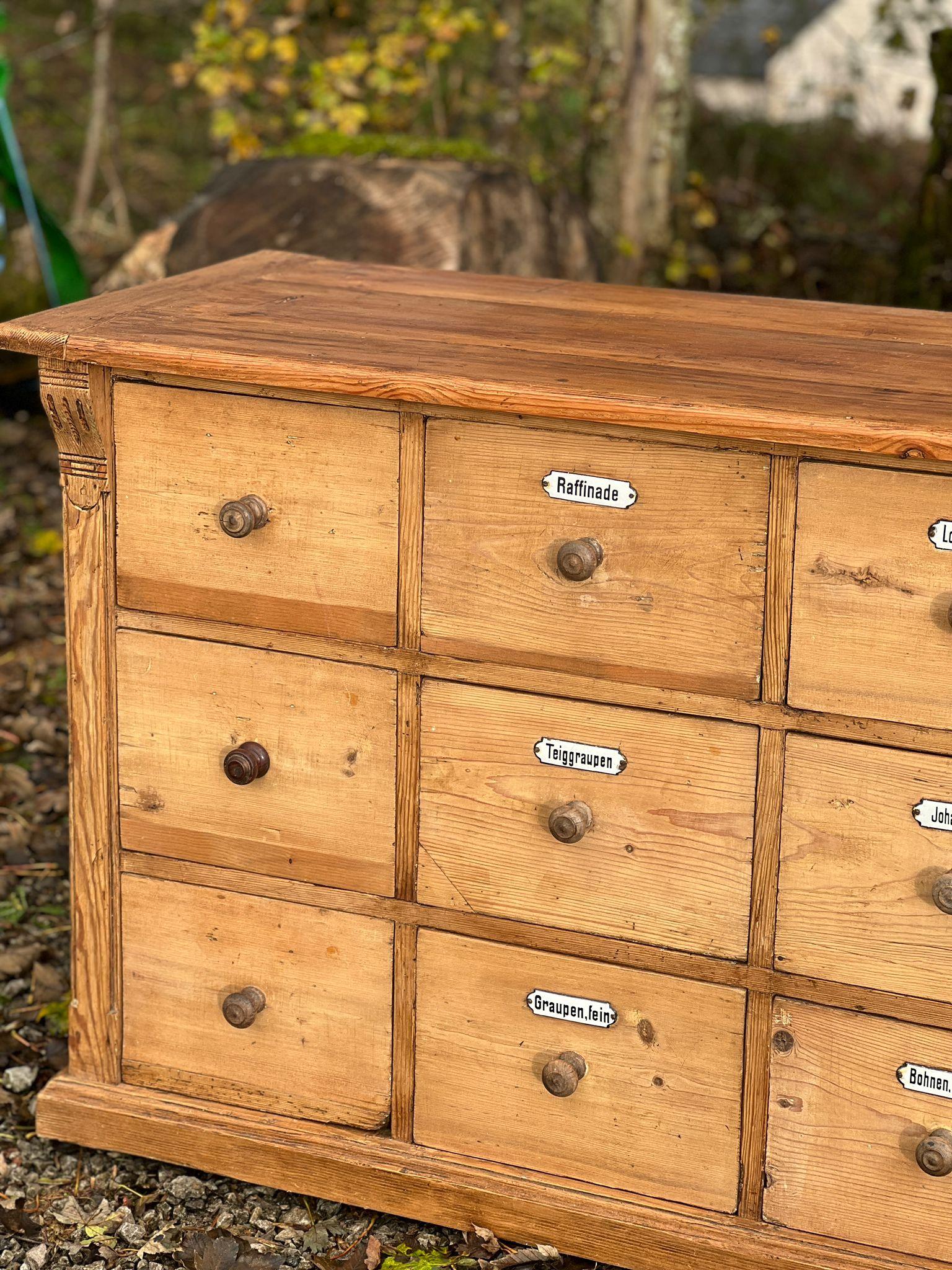 Long German chest of drawers, counter desk in pine 21 drawers 3