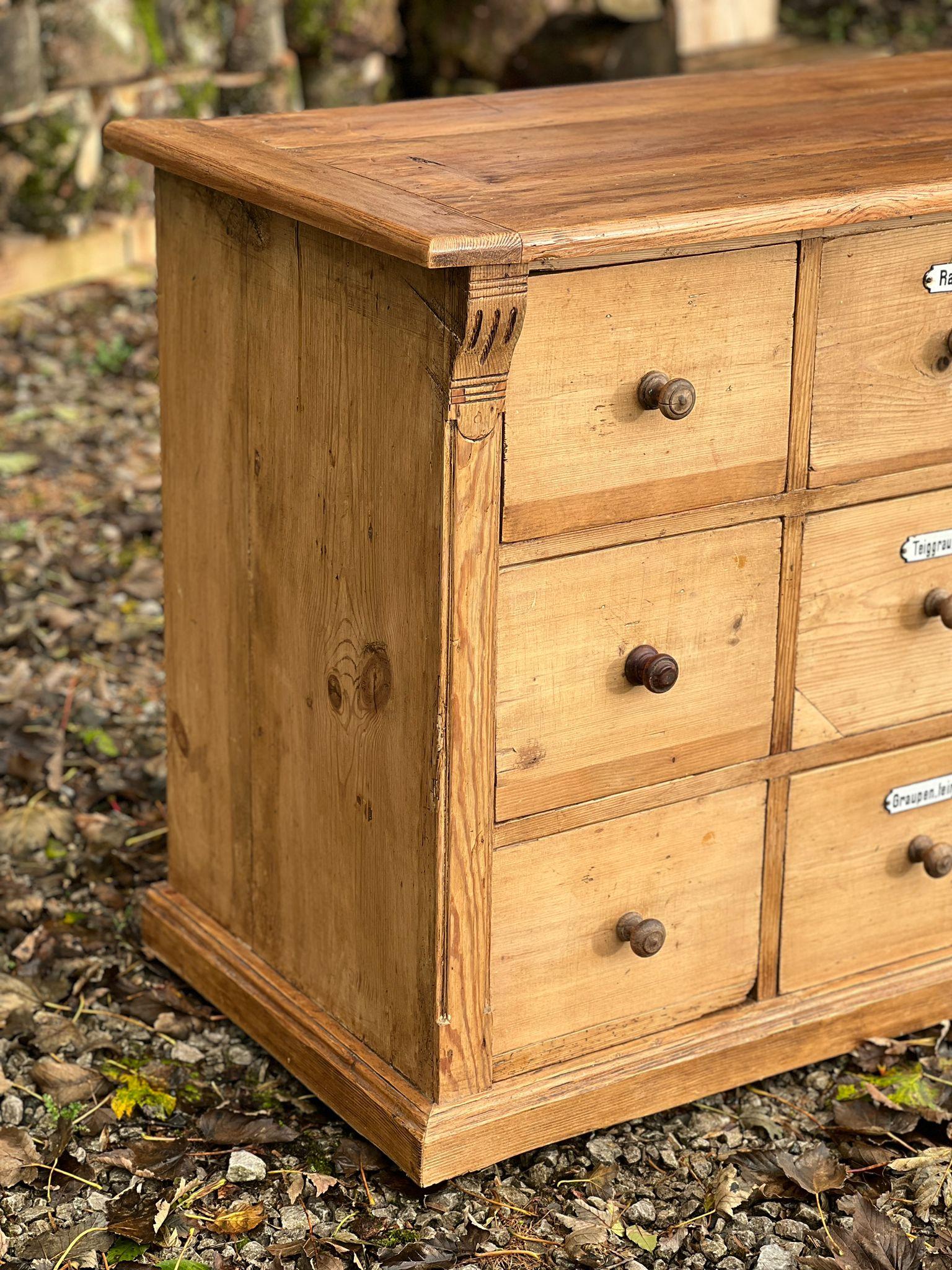 Long German chest of drawers, counter desk in pine 21 drawers 4