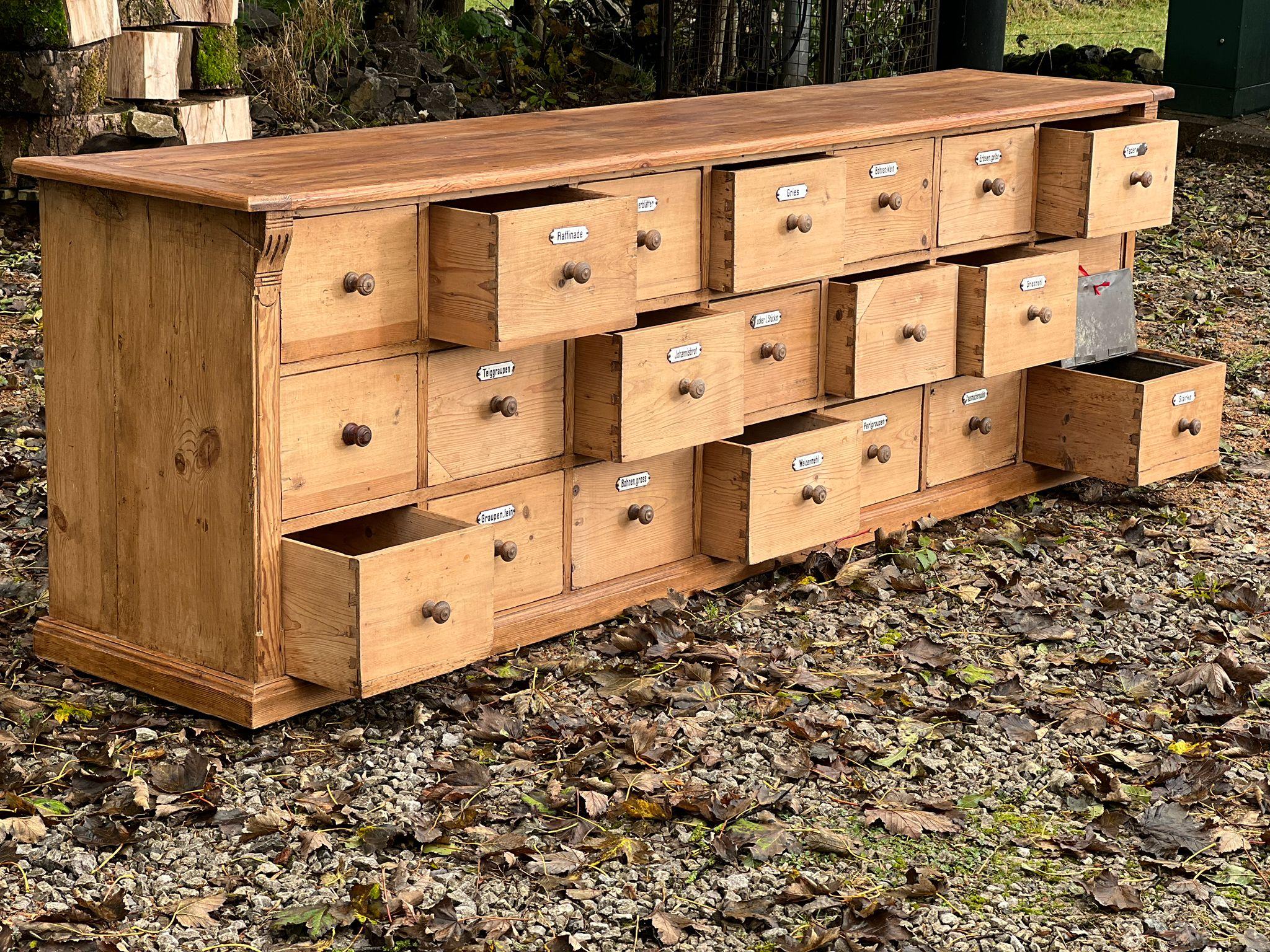 Long German chest of drawers, counter desk in pine 21 drawers 5