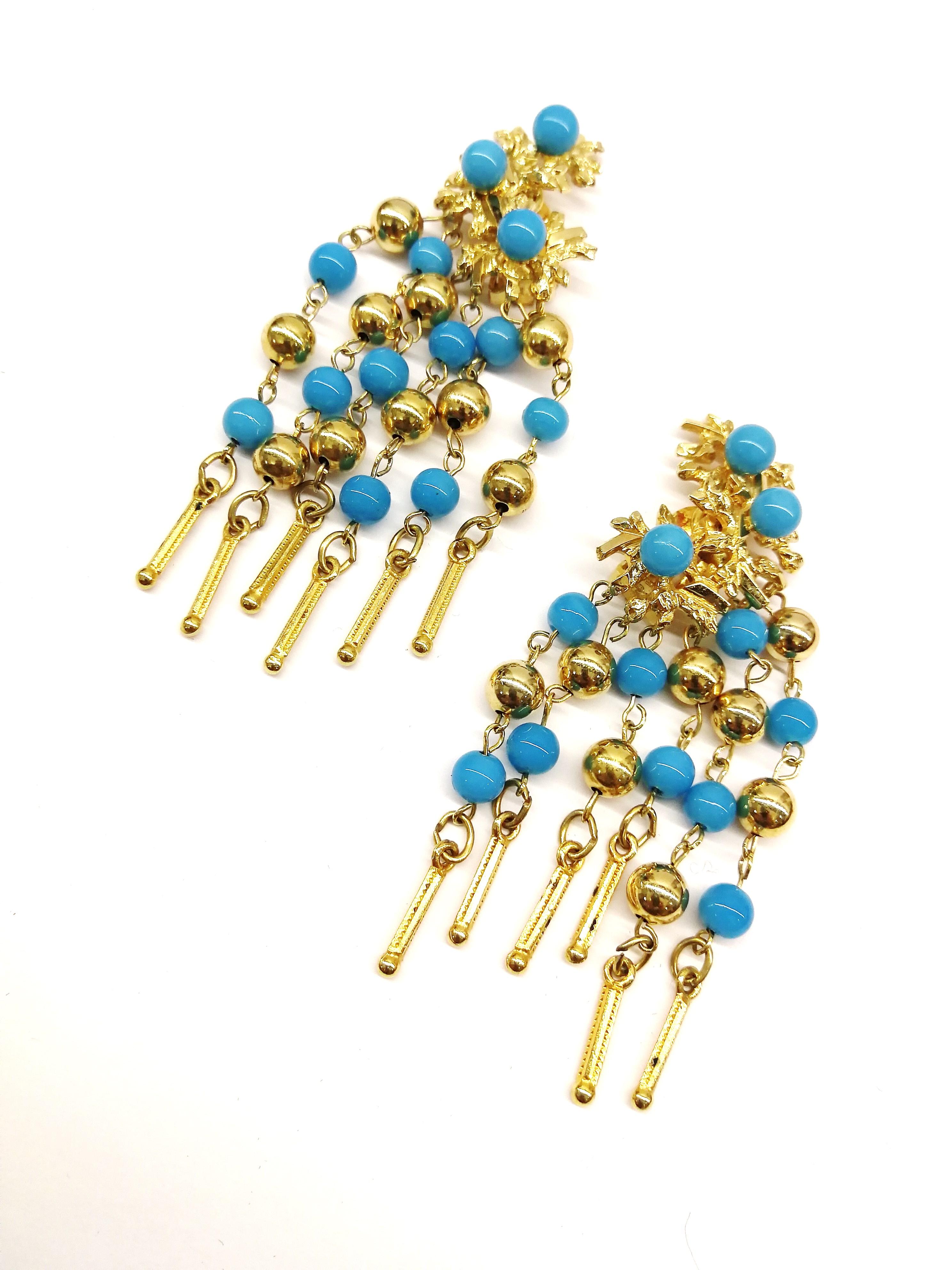 Long gilt metal and turquoise glass bead fringed earrings, Christian Dior, 1968 In Excellent Condition In Greyabbey, County Down