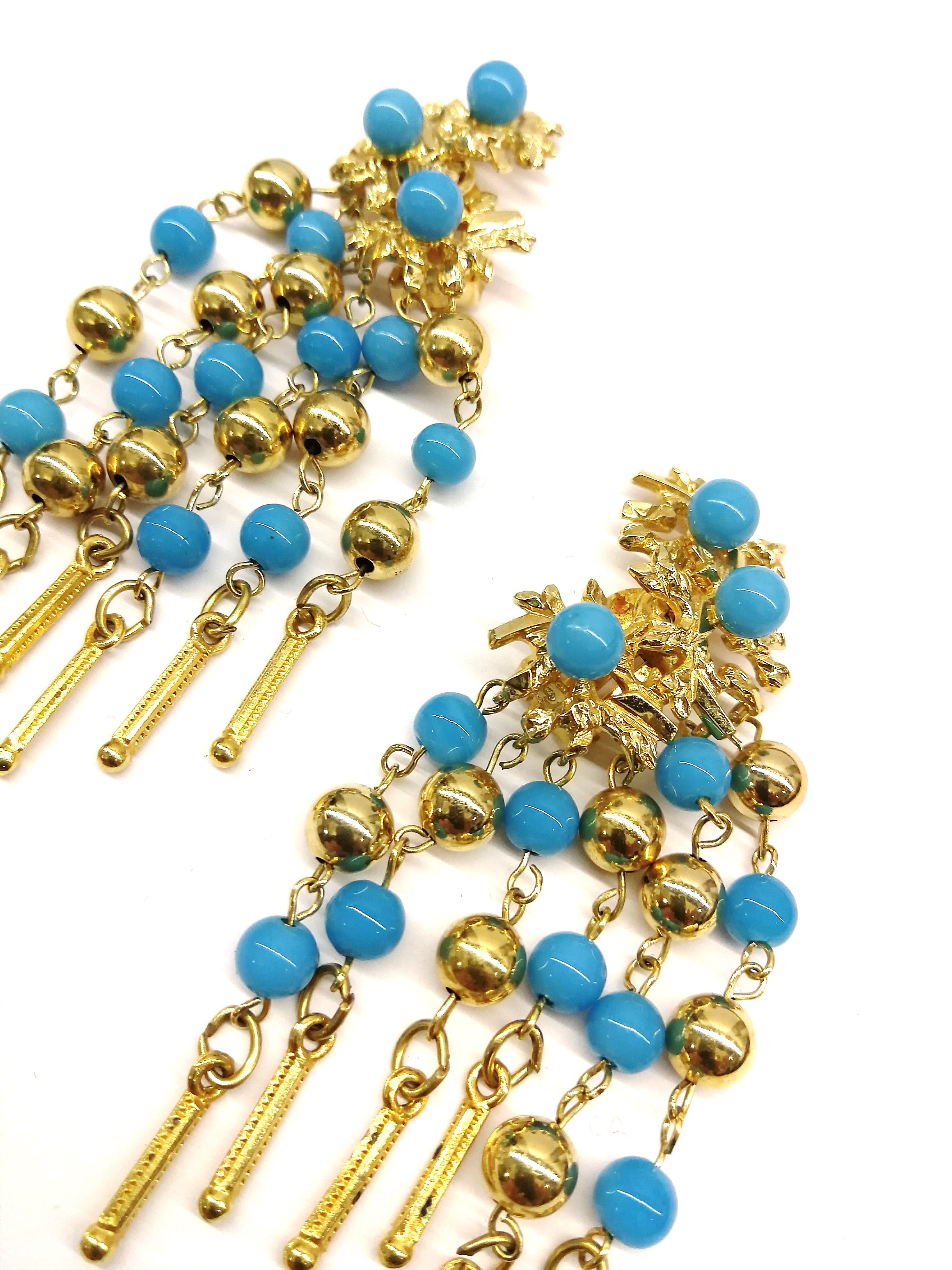Women's or Men's Long gilt metal and turquoise glass bead fringed earrings, Christian Dior, 1968