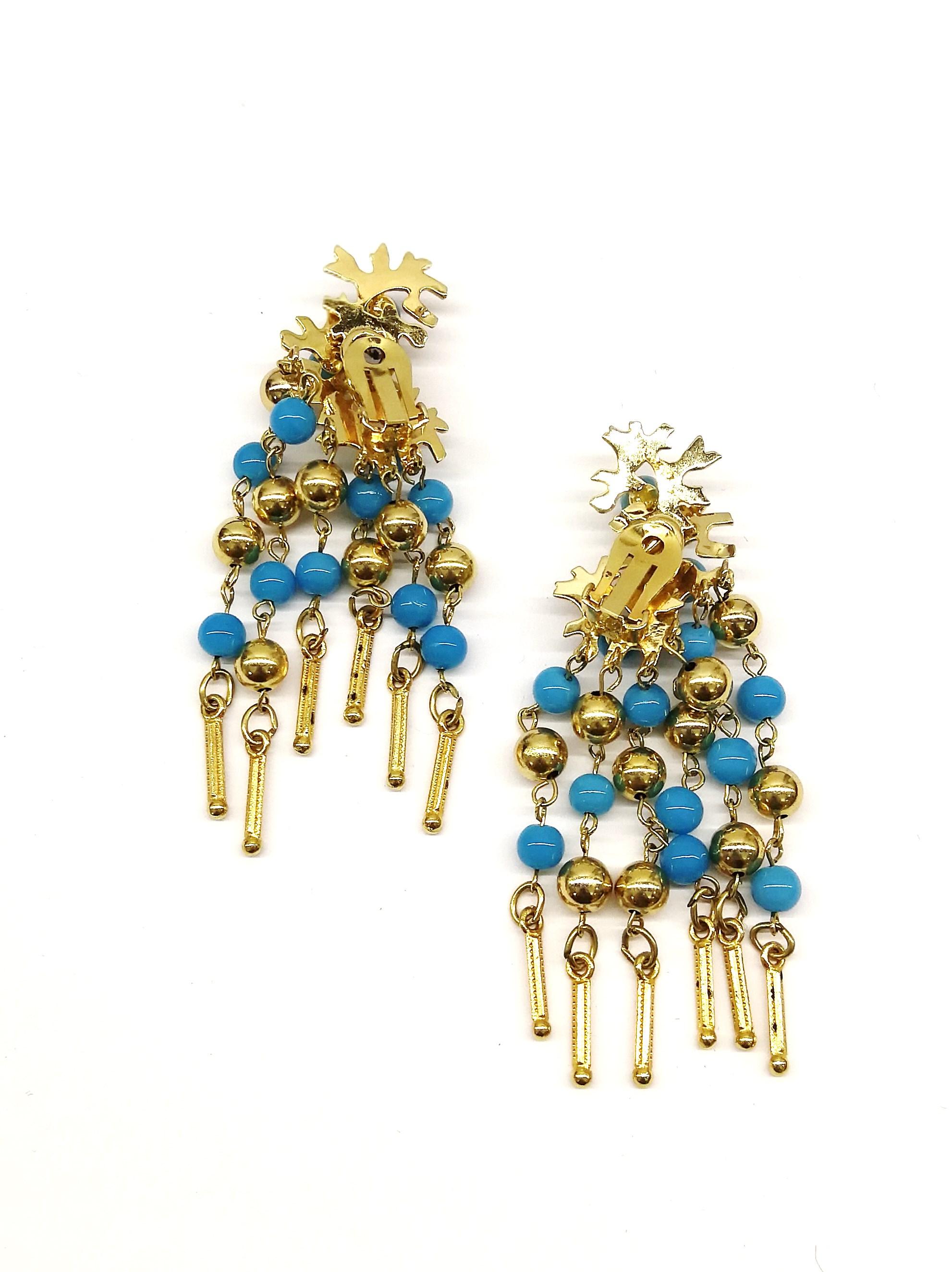 Long gilt metal and turquoise glass bead fringed earrings, Christian Dior, 1968 2