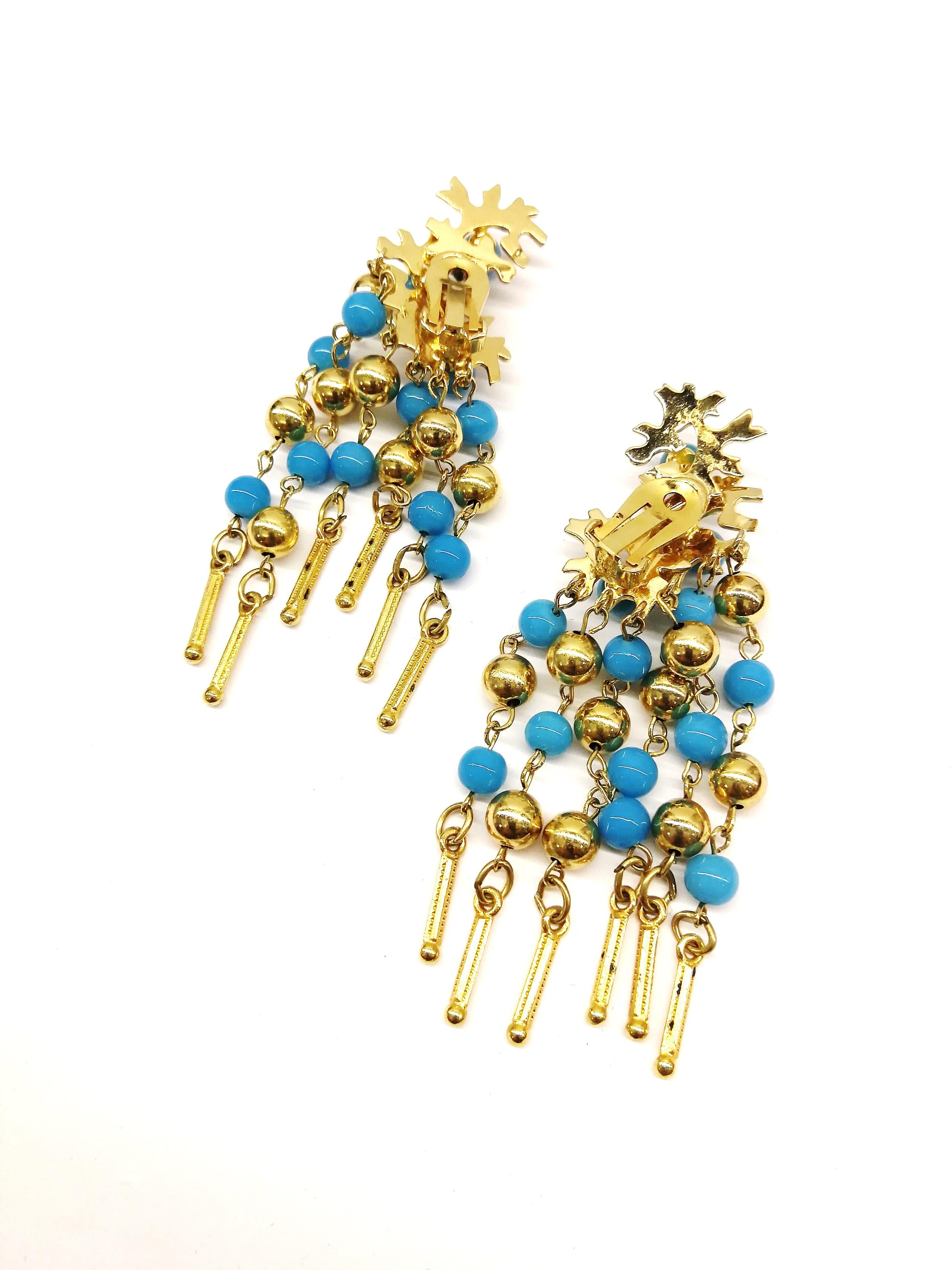 Long gilt metal and turquoise glass bead fringed earrings, Christian Dior, 1968 3
