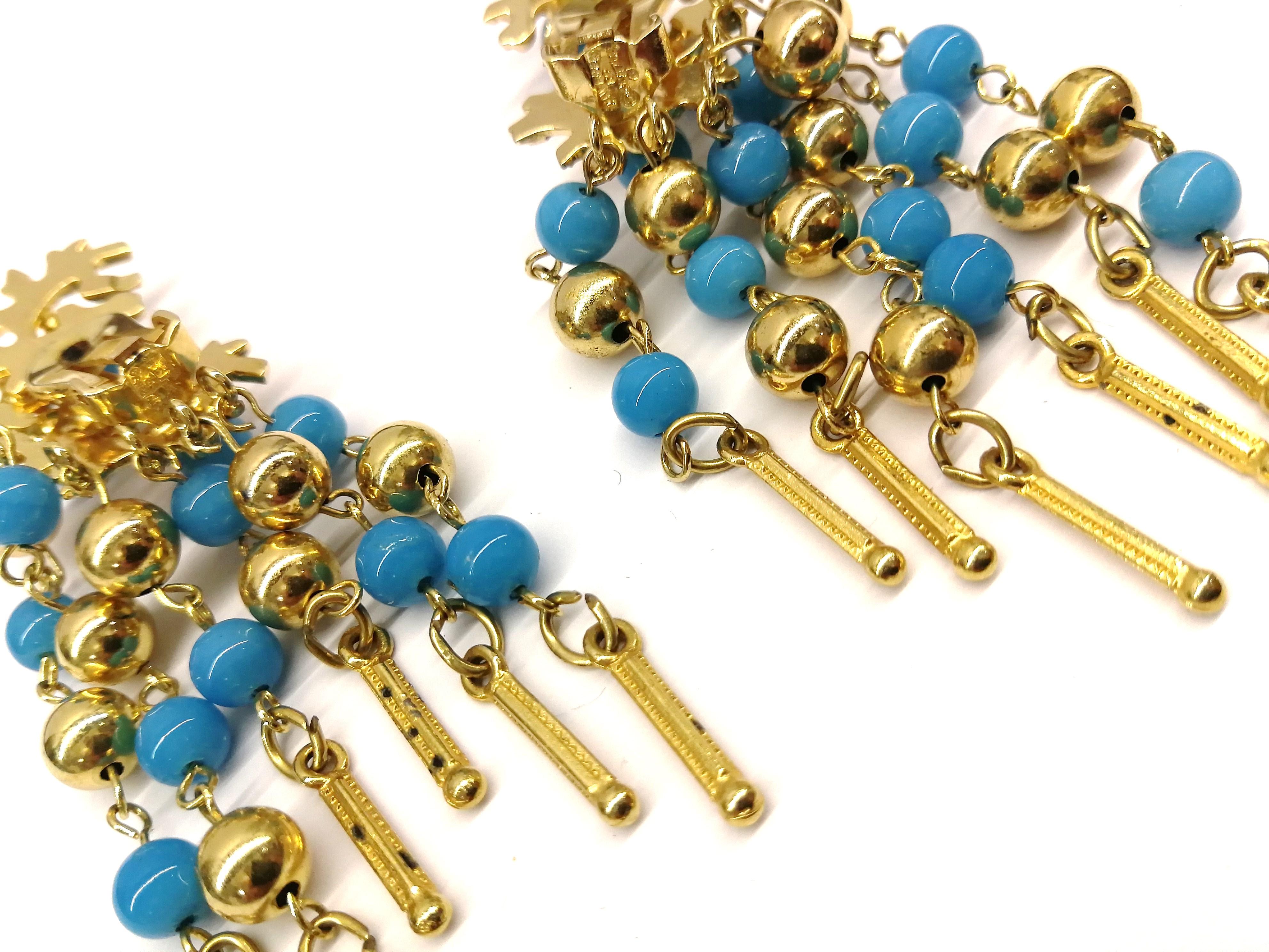 Long gilt metal and turquoise glass bead fringed earrings, Christian Dior, 1968 4