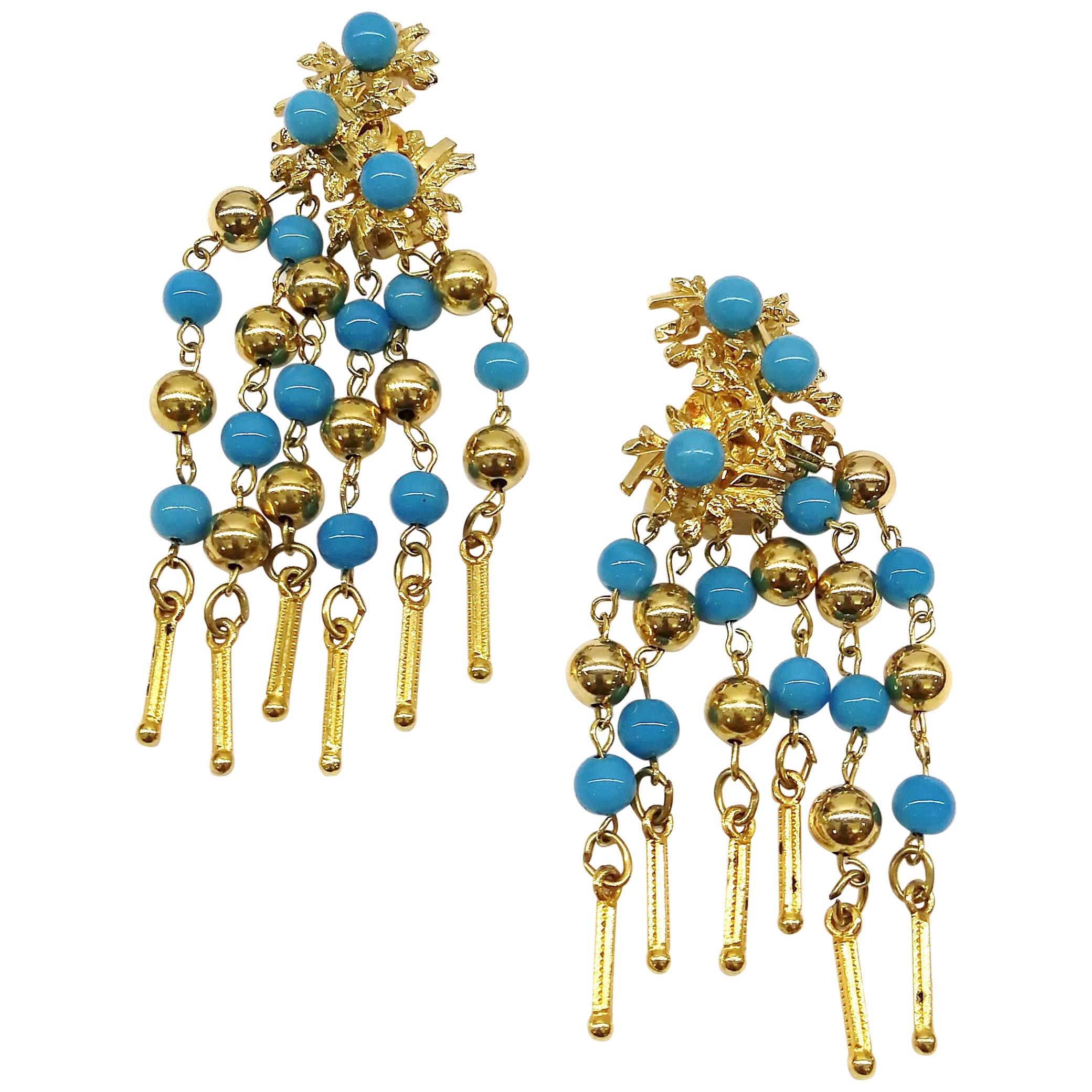 Long gilt metal and turquoise glass bead fringed earrings, Christian Dior, 1968