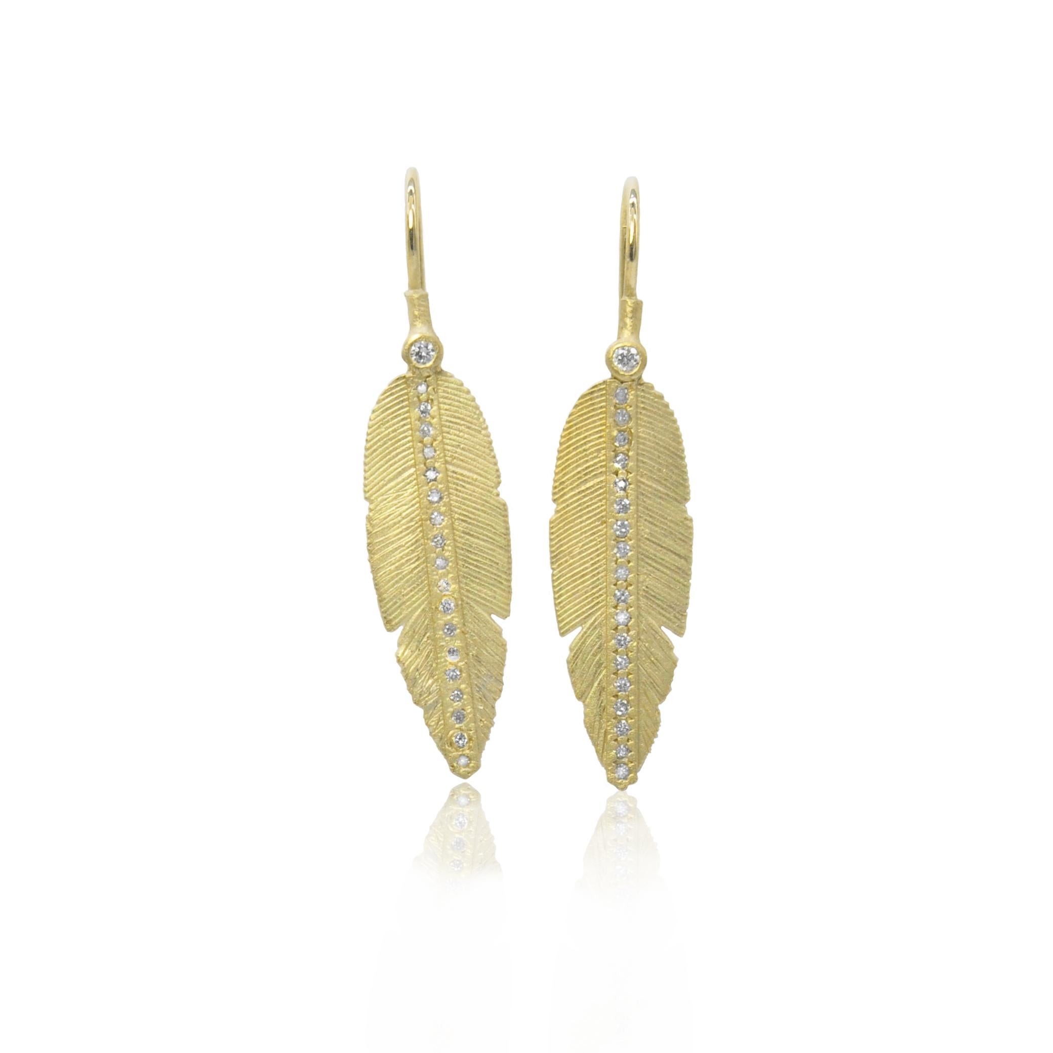 Artisan Long Gold and Diamond Feather Earrings For Sale