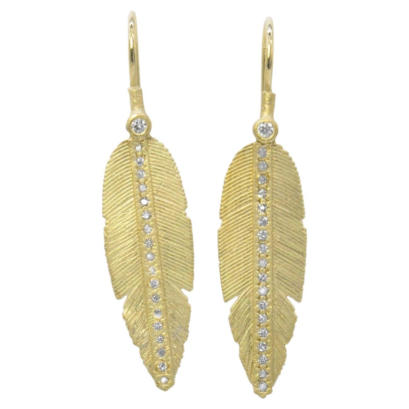 Long Gold and Diamond Feather Earrings For Sale