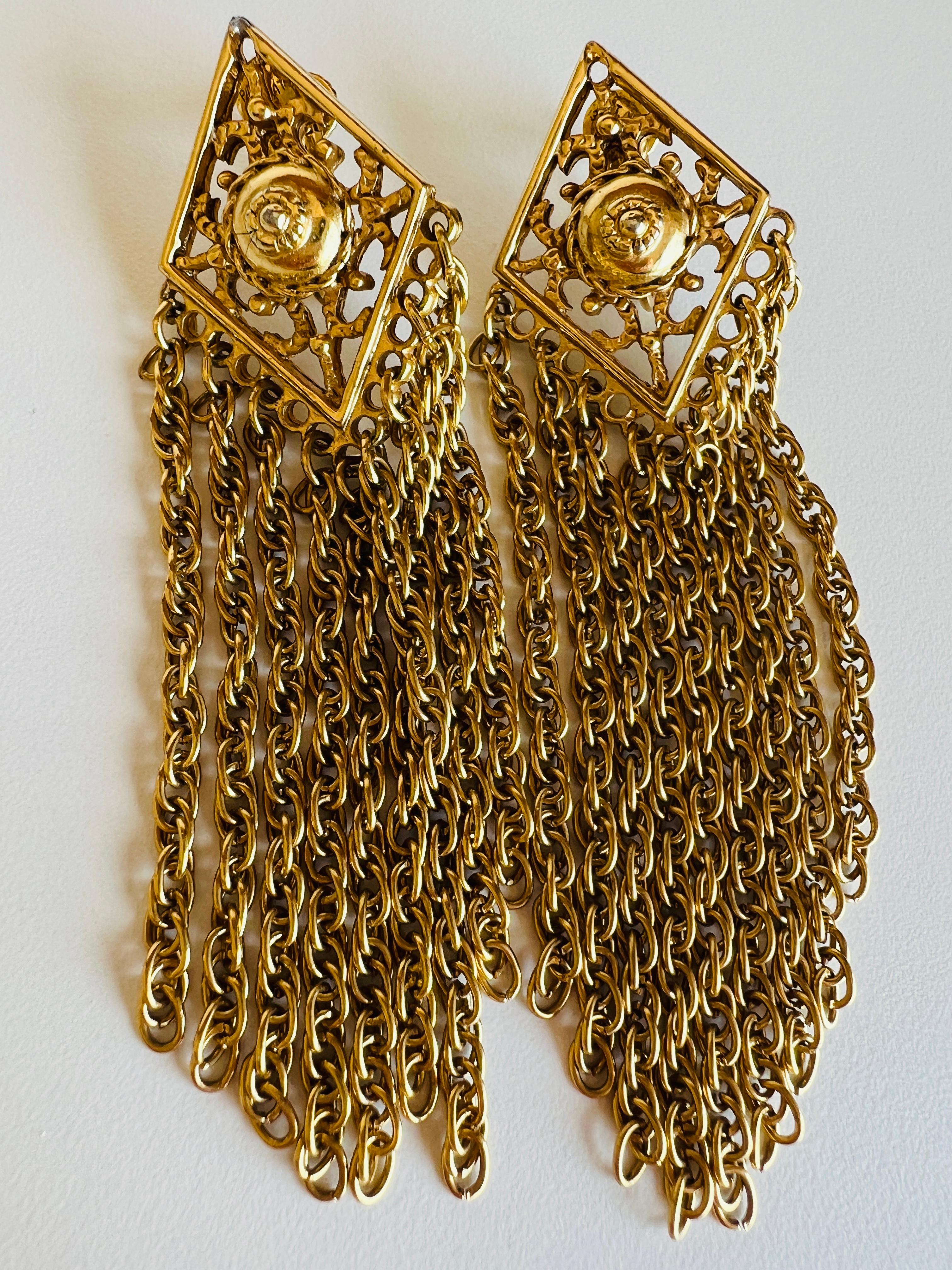 Long Gold Chain Tassel Dangle Clip on Earrings For Sale 1