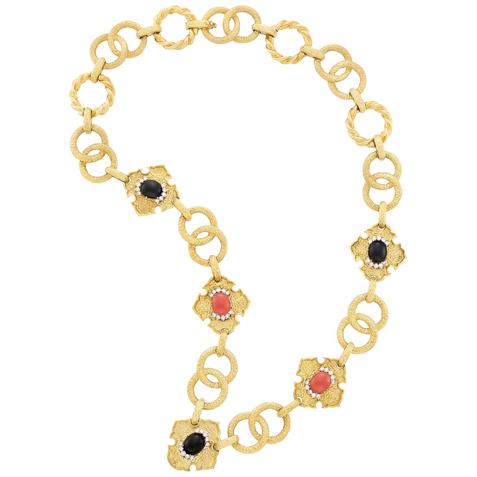Long Gold, Coral, Black Onyx and Diamond Necklace, R. Stone