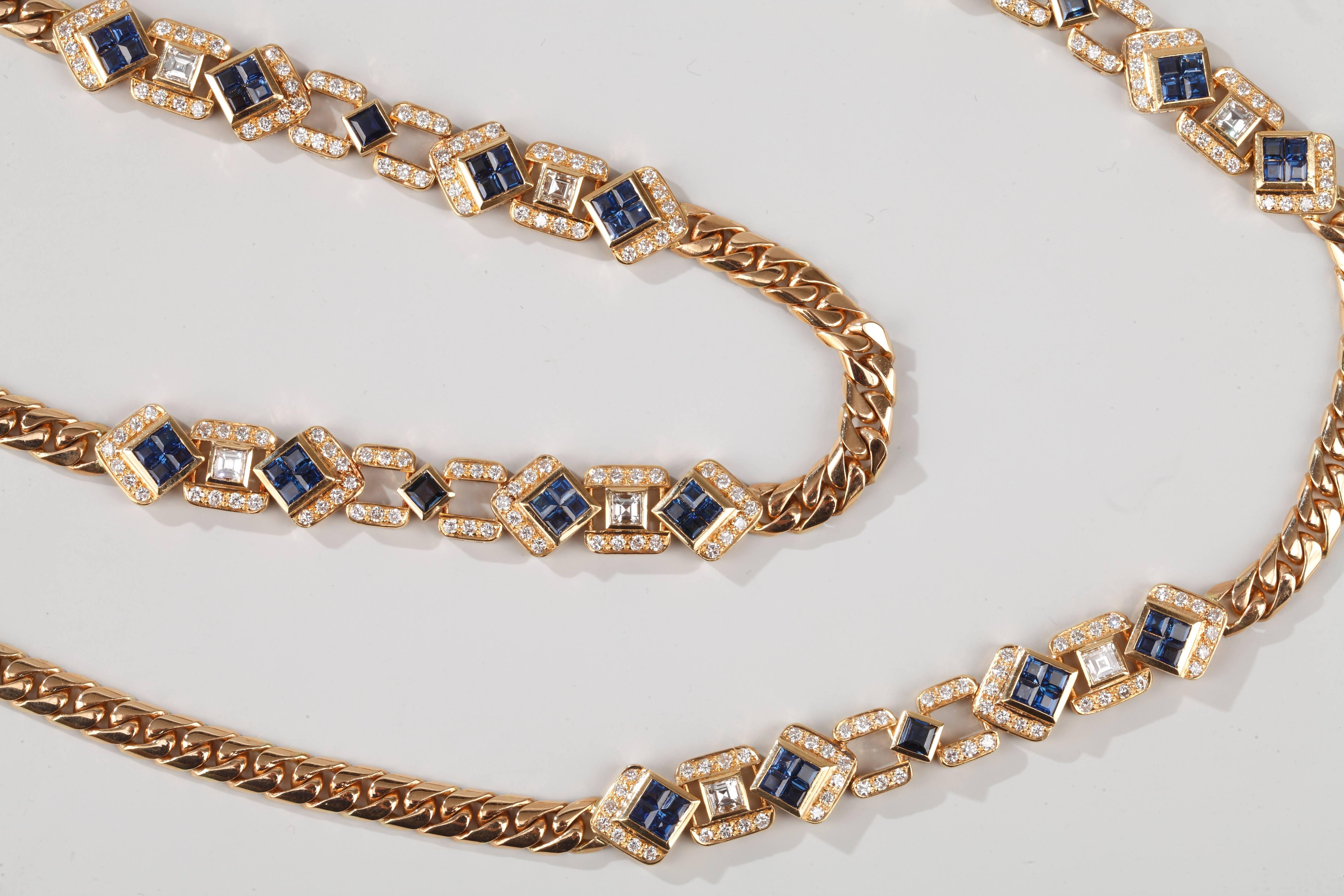 Round Cut Long Gold, Diamonds and Sapphires Necklace For Sale