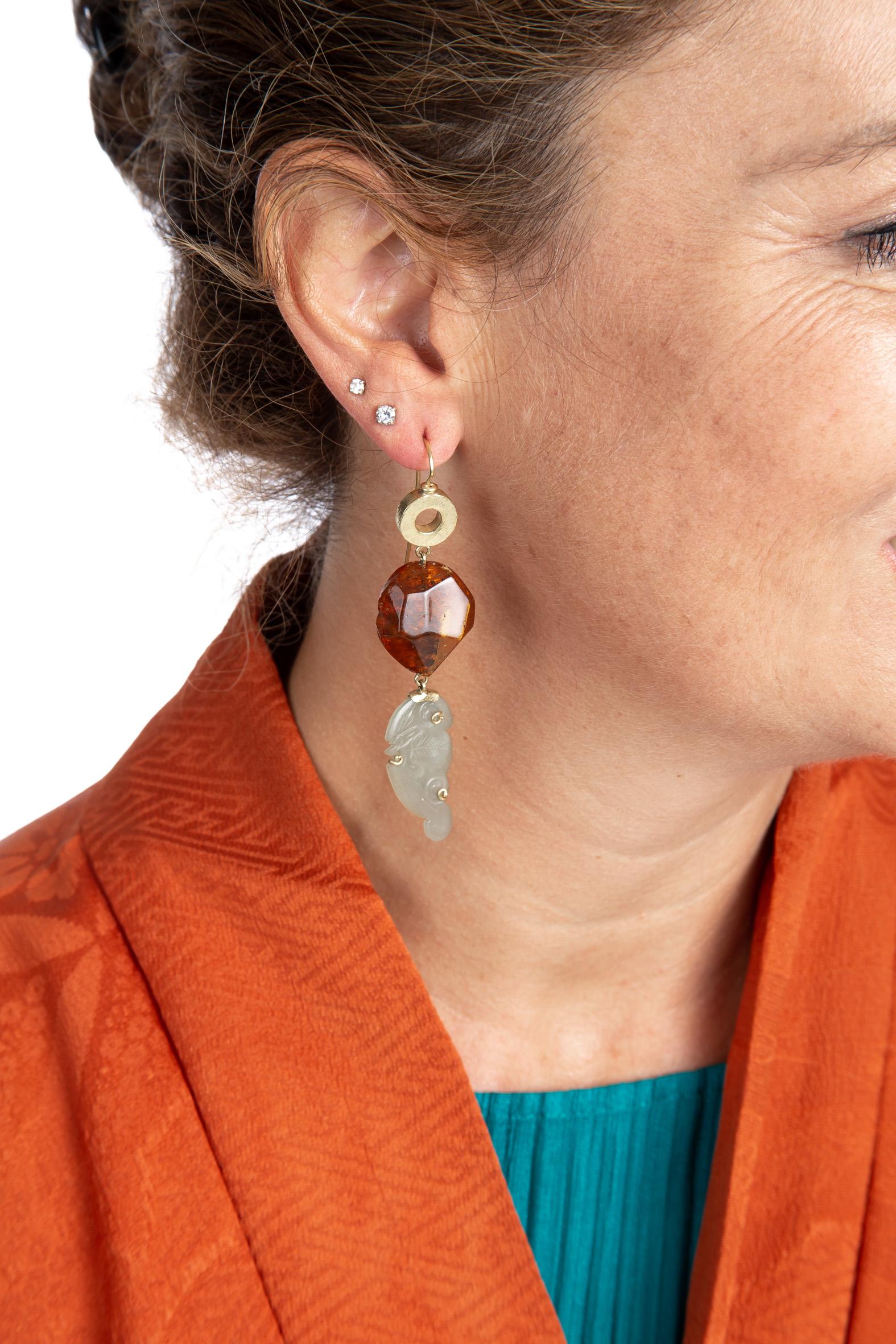 Artisan Long Gold Jade Faced Amber Earrings For Sale