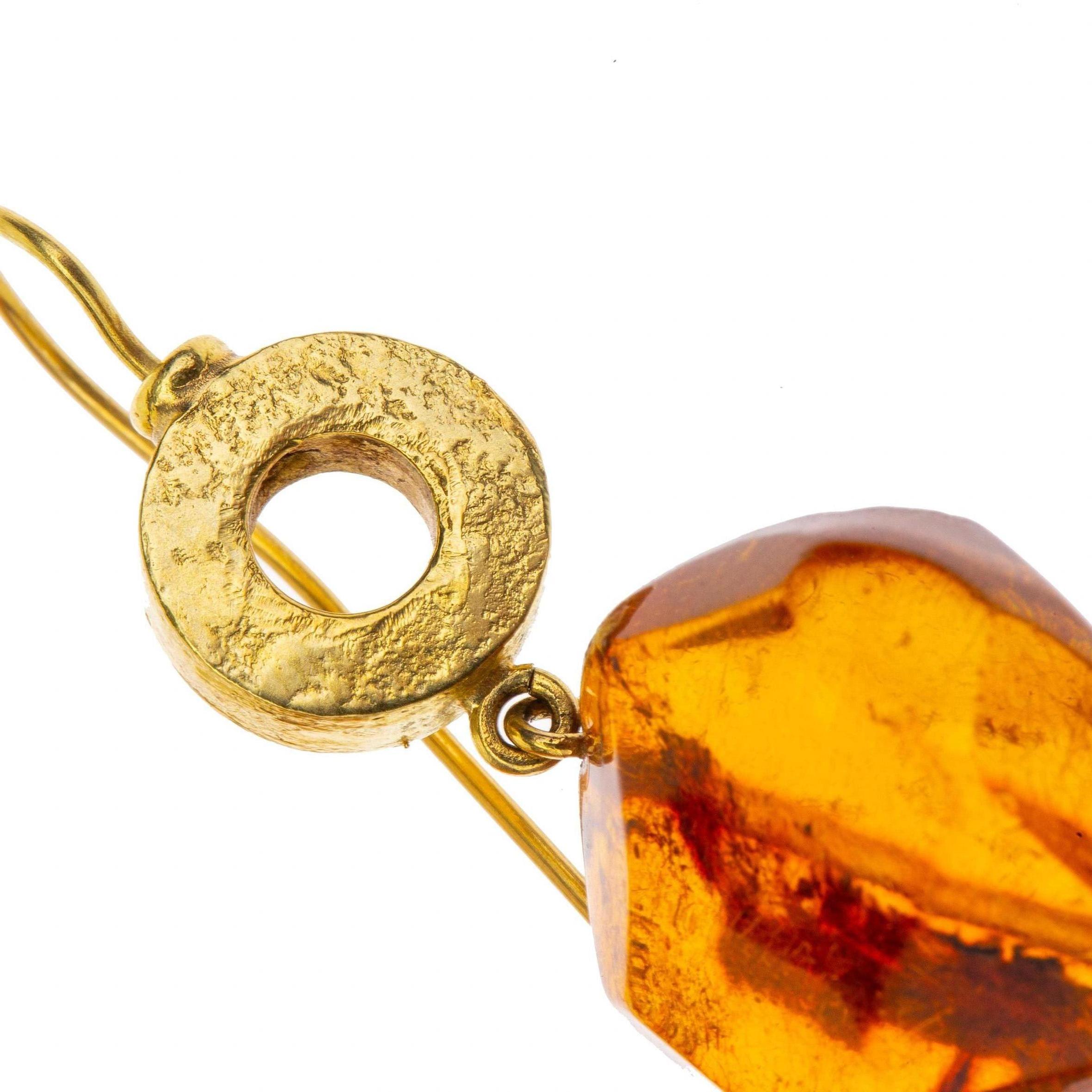 Women's Long Gold Jade Faced Amber Earrings For Sale