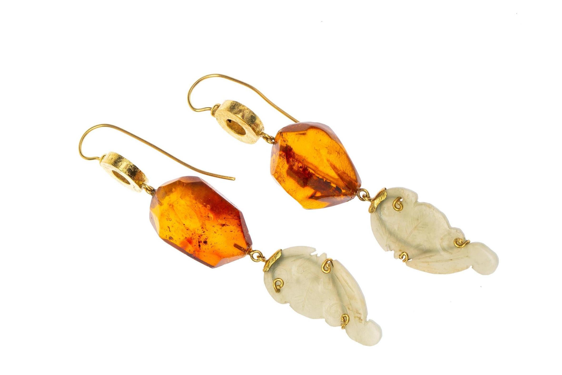 Long Gold Jade Faced Amber Earrings For Sale 3