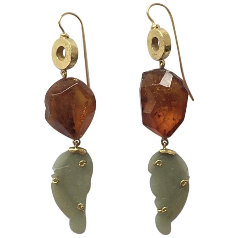 Long Gold Jade Faced Amber Earrings For Sale