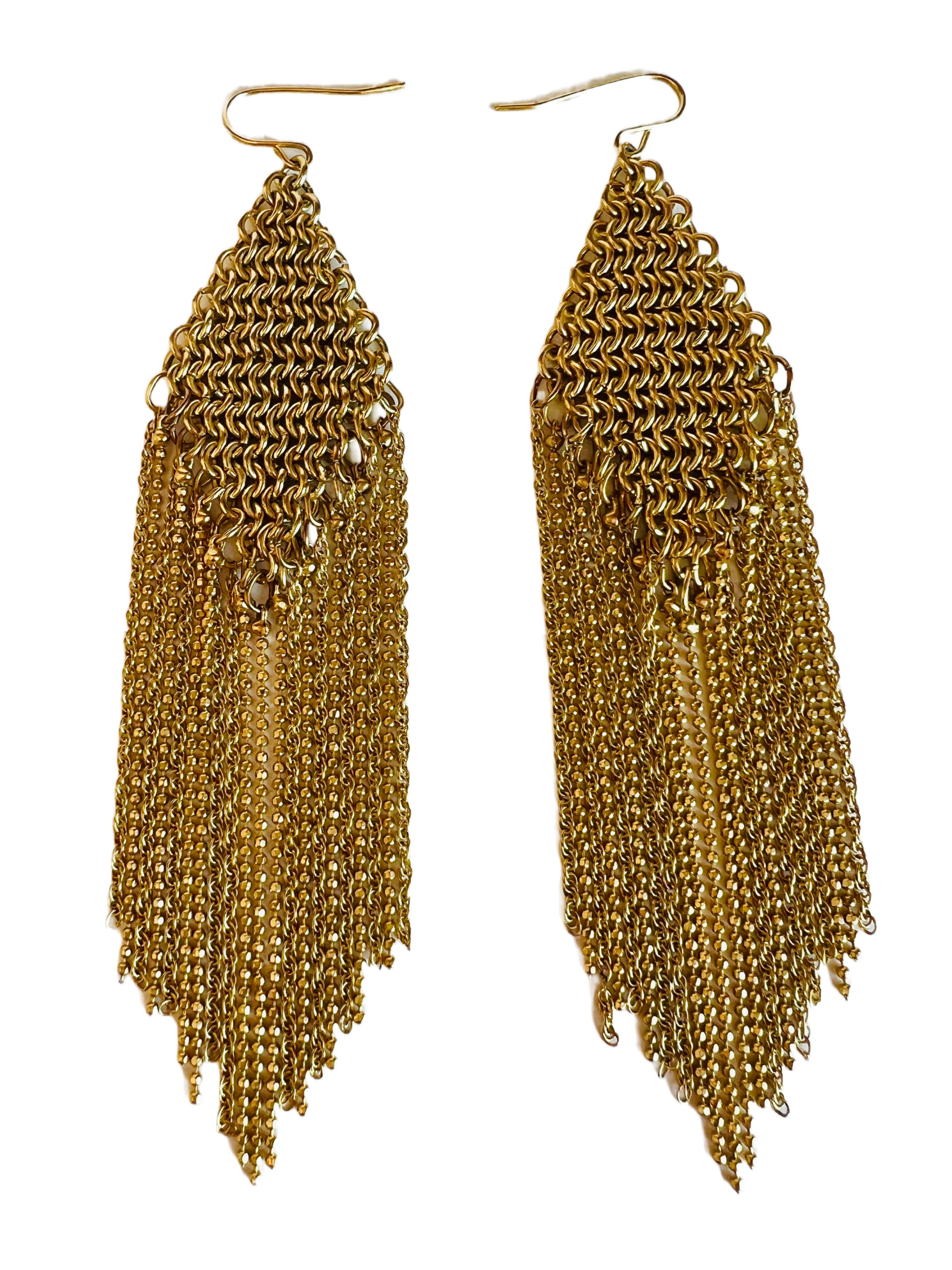 Long Gold Mesh Chain Tassel Dangle Earrings In Good Condition For Sale In Sausalito, CA