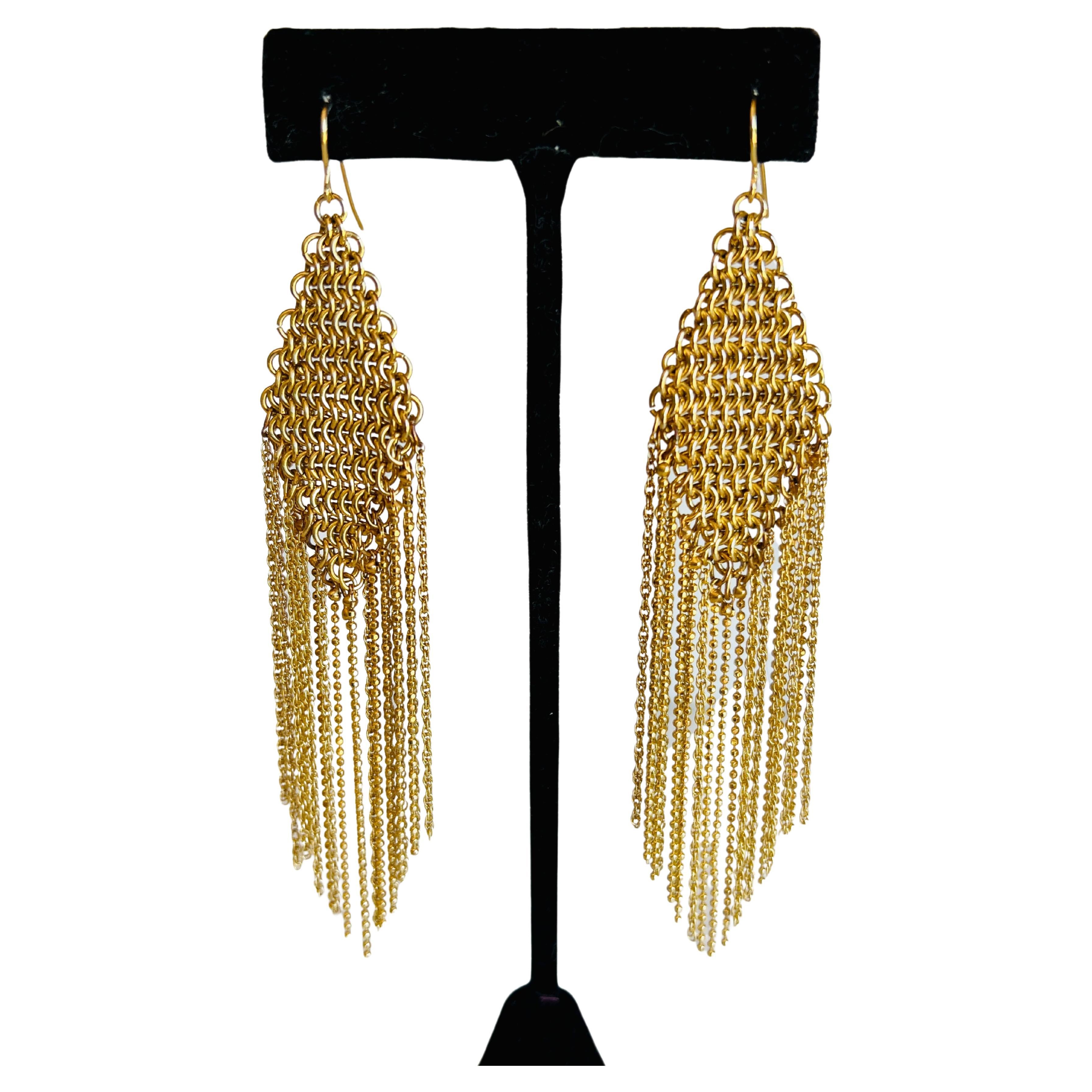 Long Gold Mesh Chain Tassel Dangle Earrings