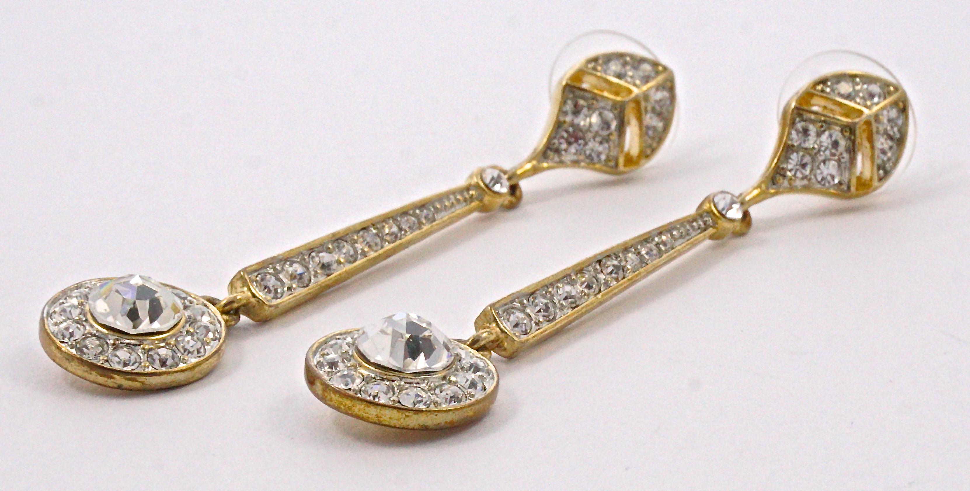 Long Gold Plated and Clear Rhinestone Drop Earrings circa 1980s For Sale 1