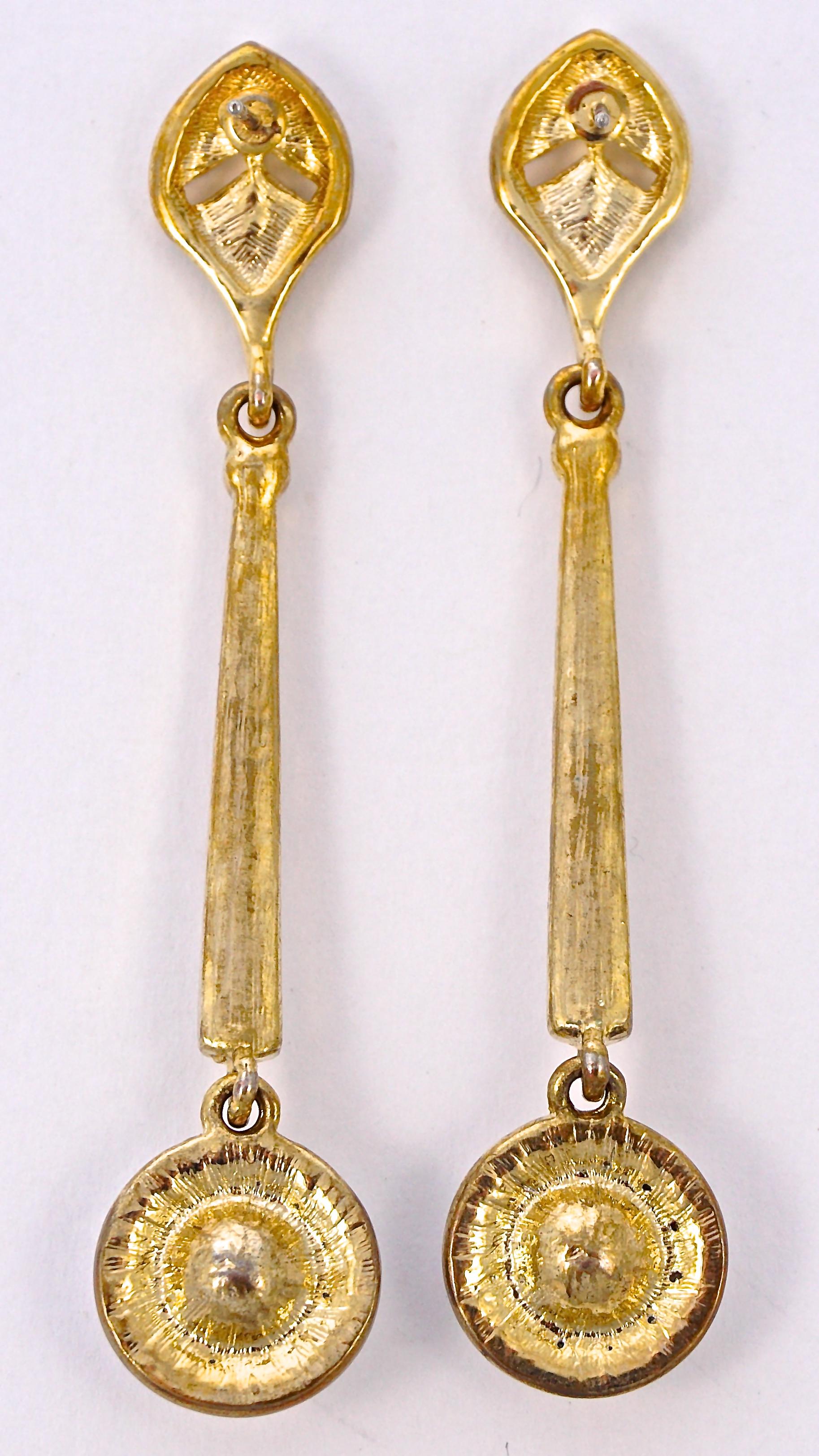 Long Gold Plated and Clear Rhinestone Drop Earrings circa 1980s For Sale 2