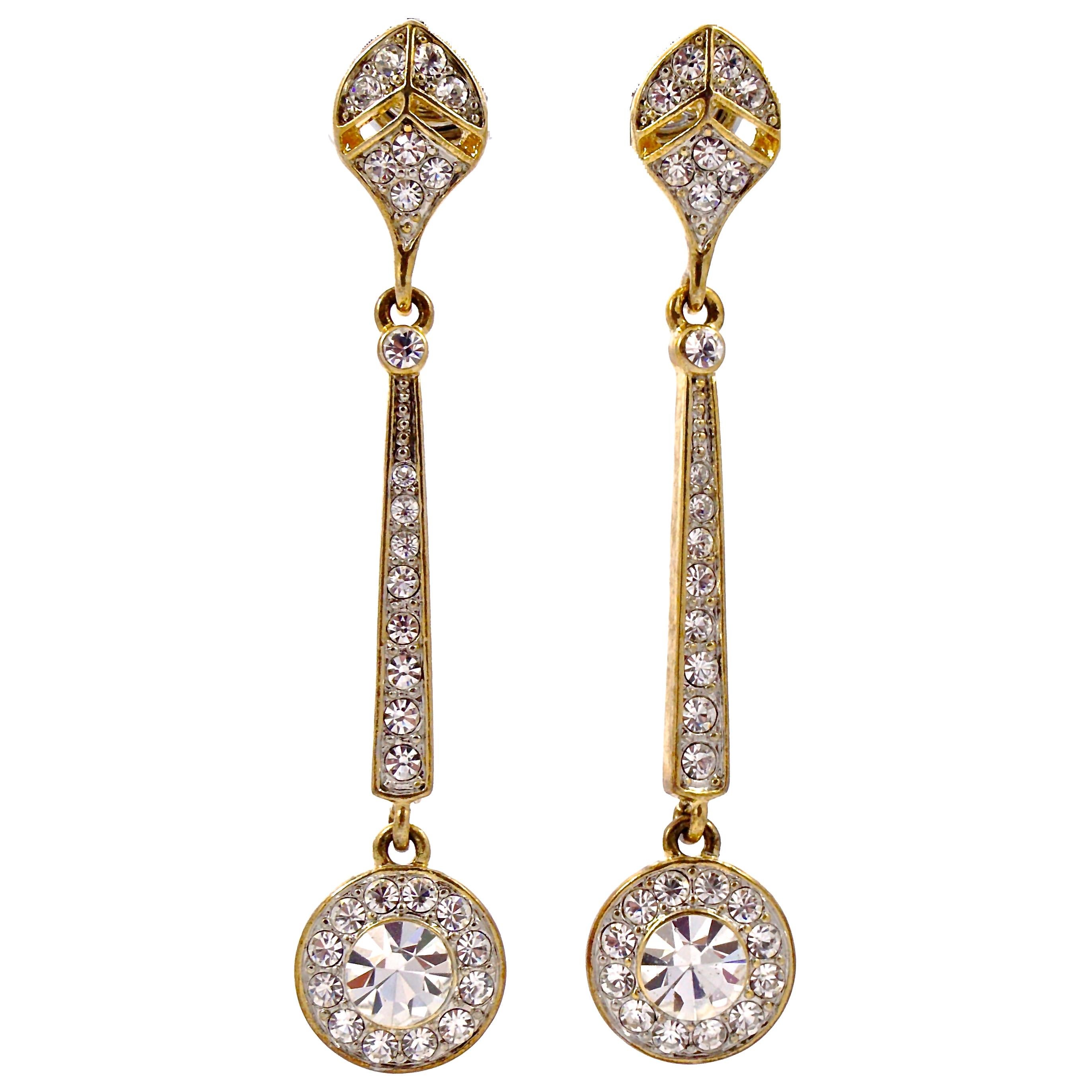 Long Gold Plated and Clear Rhinestone Drop Earrings circa 1980s For Sale