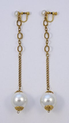 Long Gold Plated Faux White Pearl Screw Back Dangle Earrings