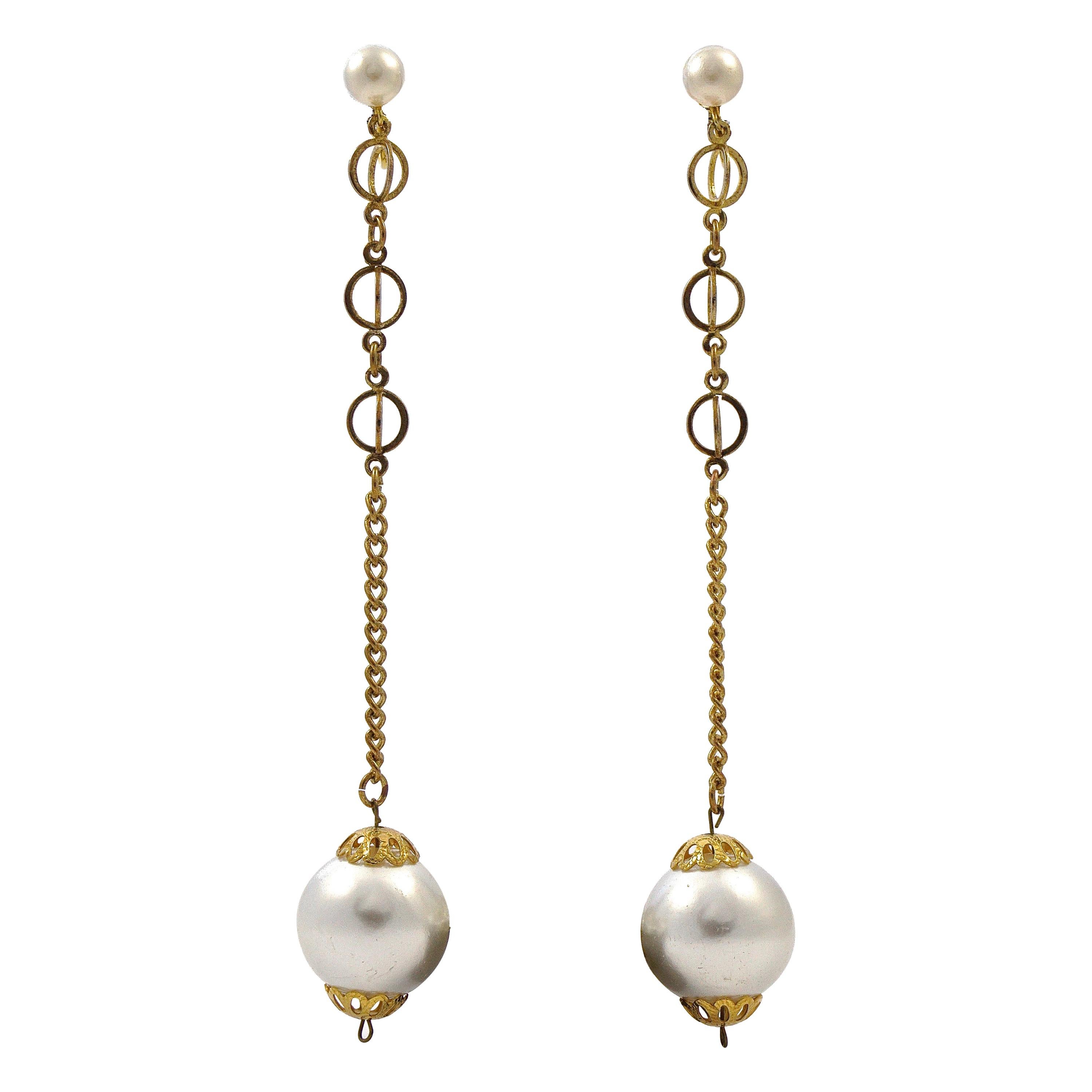 Long Gold Plated Faux White Pearl Screw Back Dangle Earrings For Sale