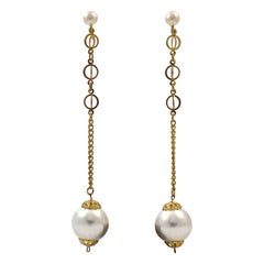 Long Gold Plated Faux White Pearl Screw Back Dangle Earrings