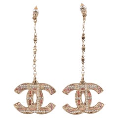 Long Golden Metal CC Earrings with Rhinestones, 2018/2019