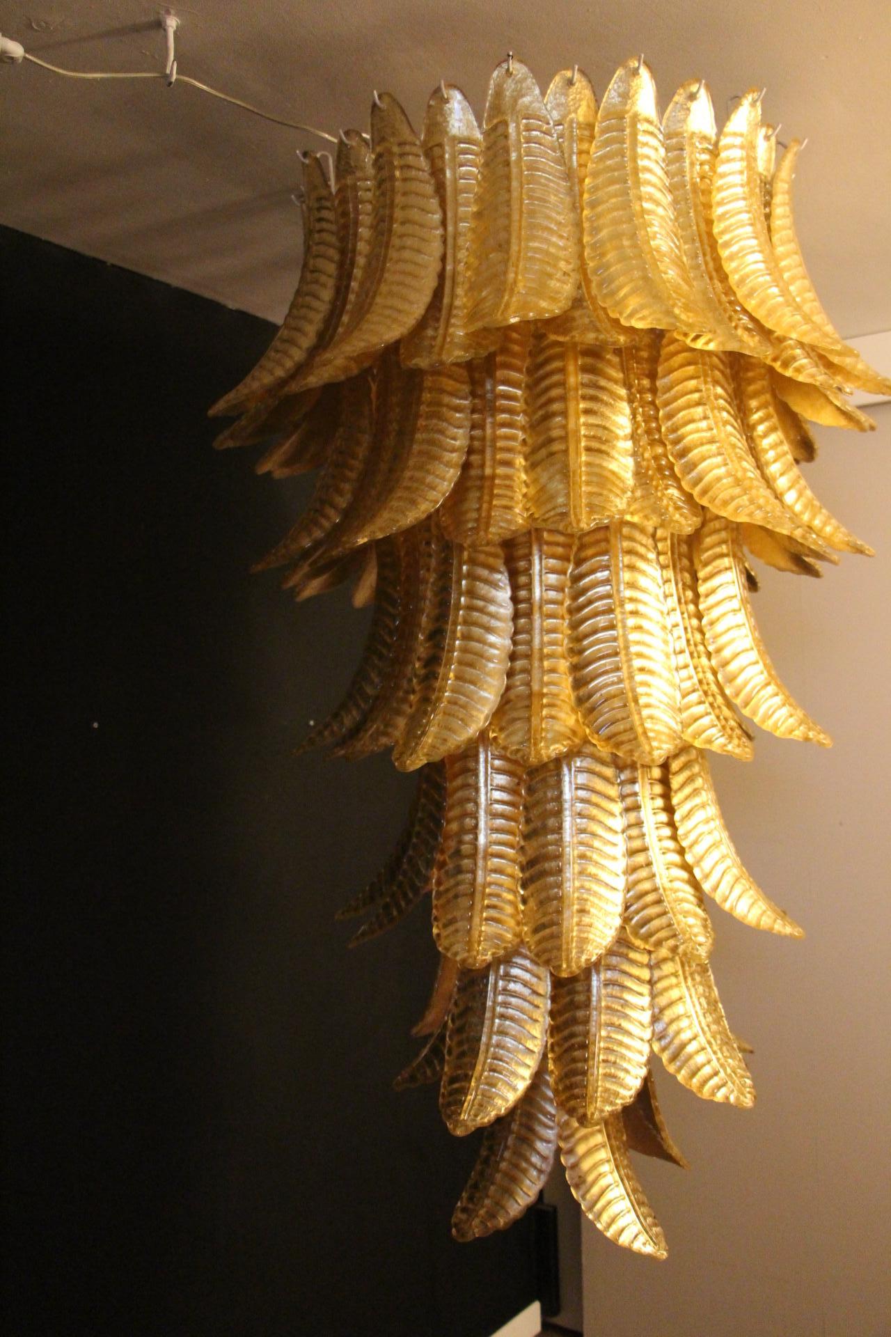 Late 20th Century Long Golden Murano Glass Chandelier in Palm Tree Shape For Sale