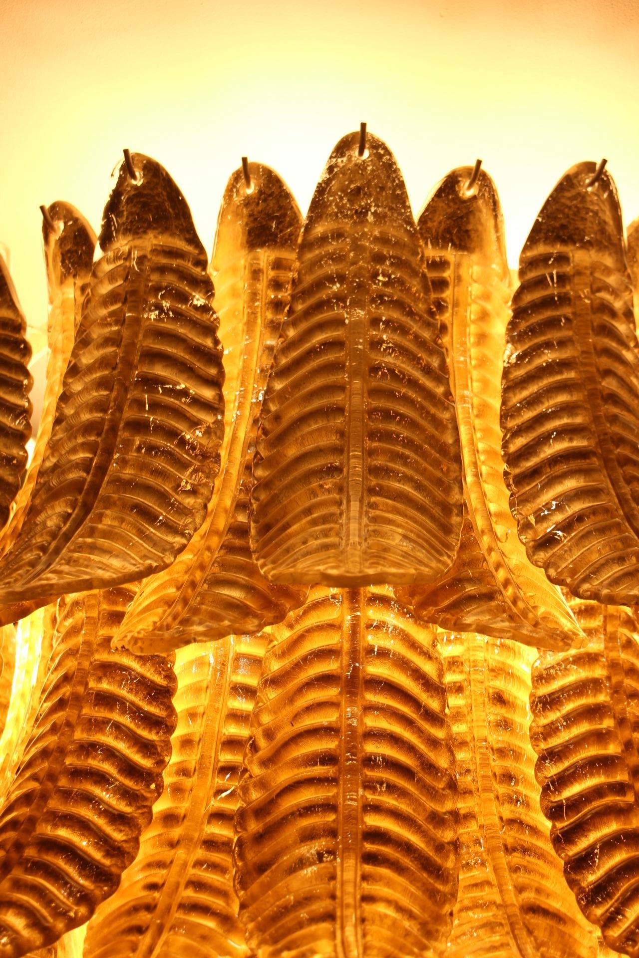 Art Deco Long Golden Murano Glass Chandelier in Palm Tree Shape For Sale