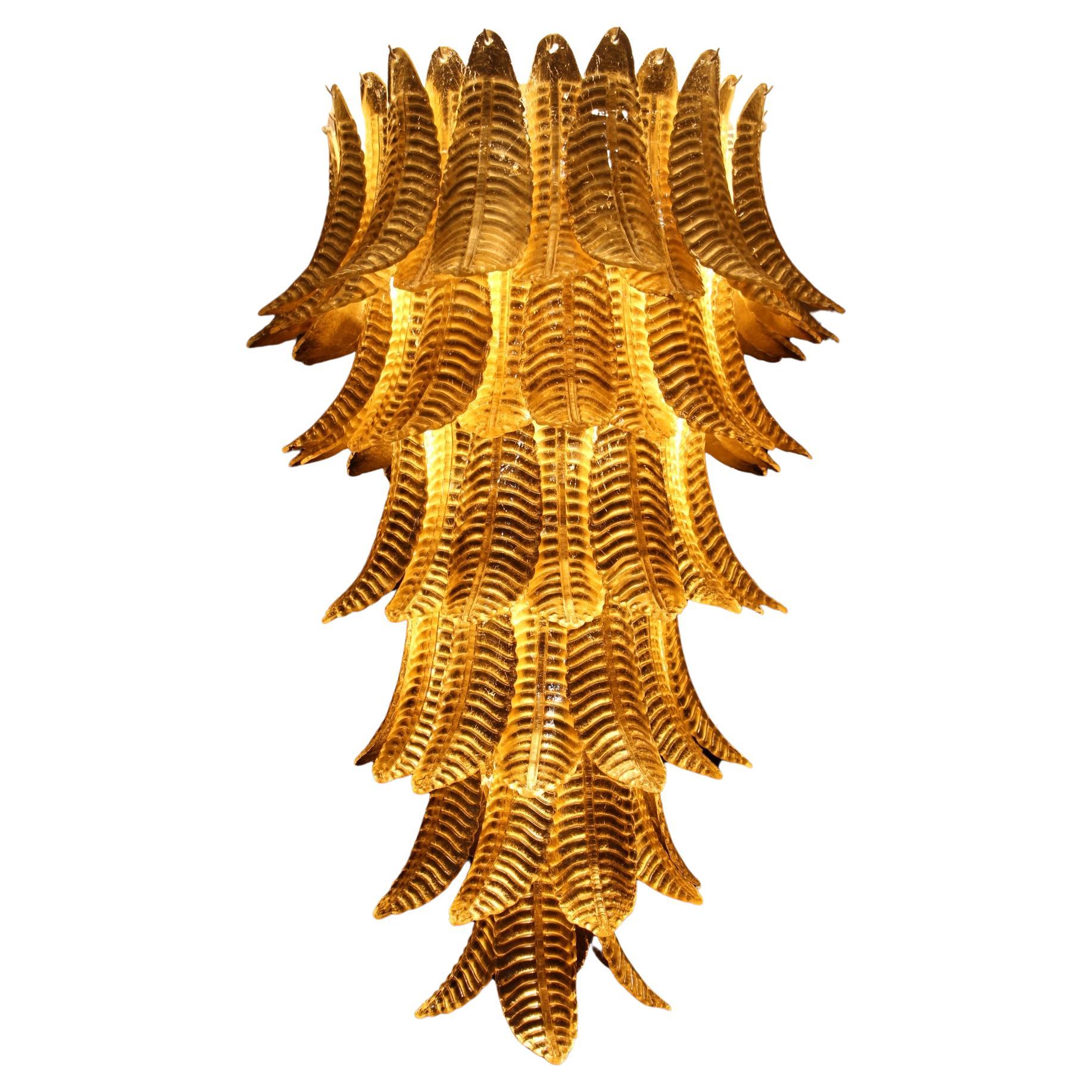 Long Golden Murano Glass Chandelier in Palm Tree Shape