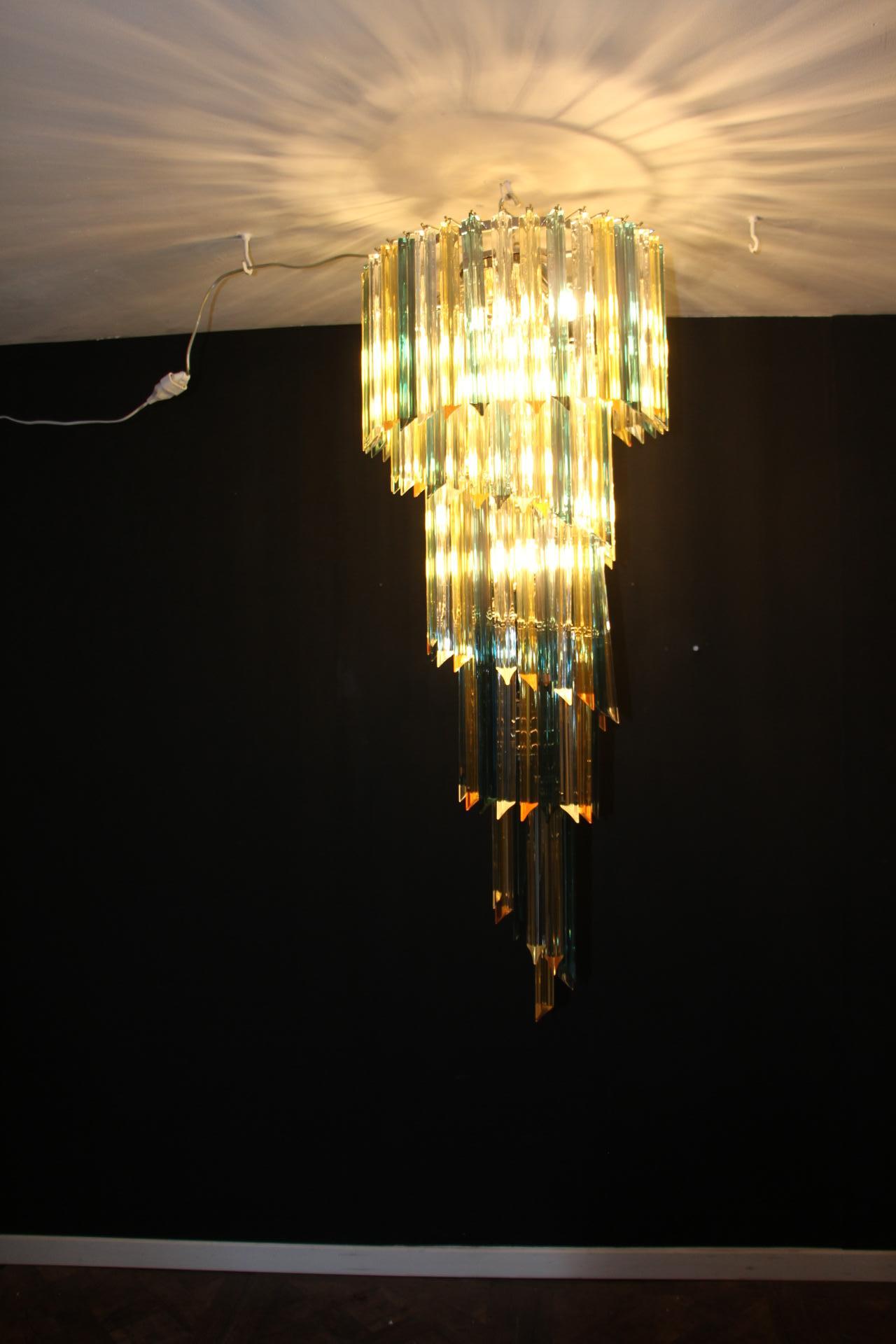 Long Green and Amber Murano Glass Spiral Chandelier, Venini Style 4