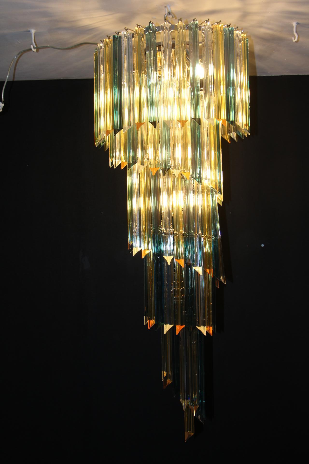 Long Green and Amber Murano Glass Spiral Chandelier, Venini Style 5