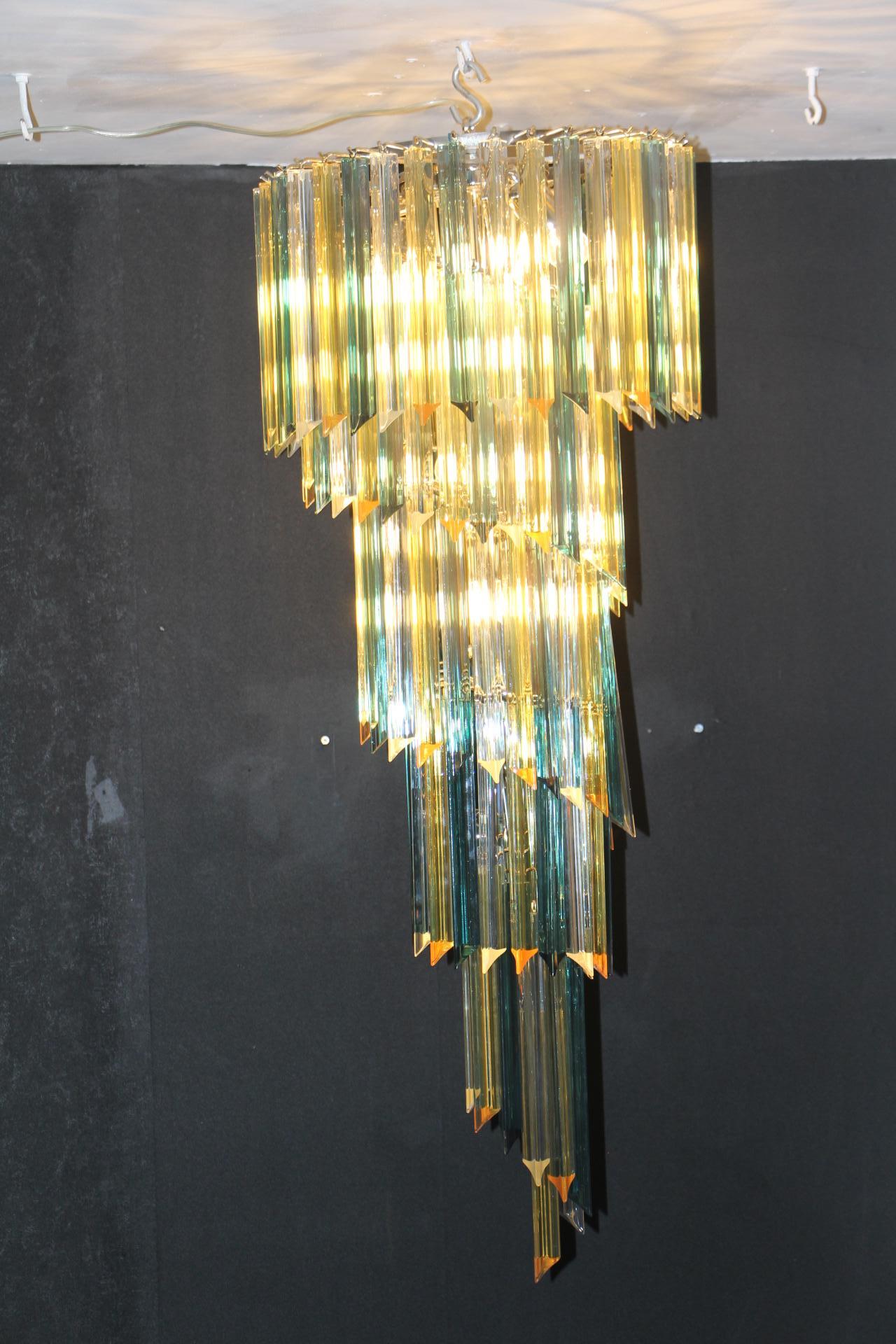 Long Green and Amber Murano Glass Spiral Chandelier, Venini Style 6