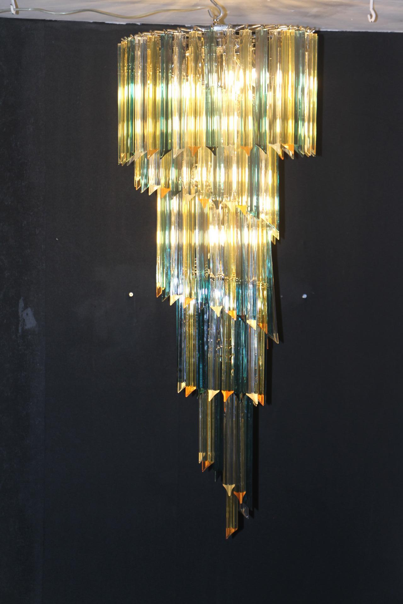 Long Green and Amber Murano Glass Spiral Chandelier, Venini Style 8
