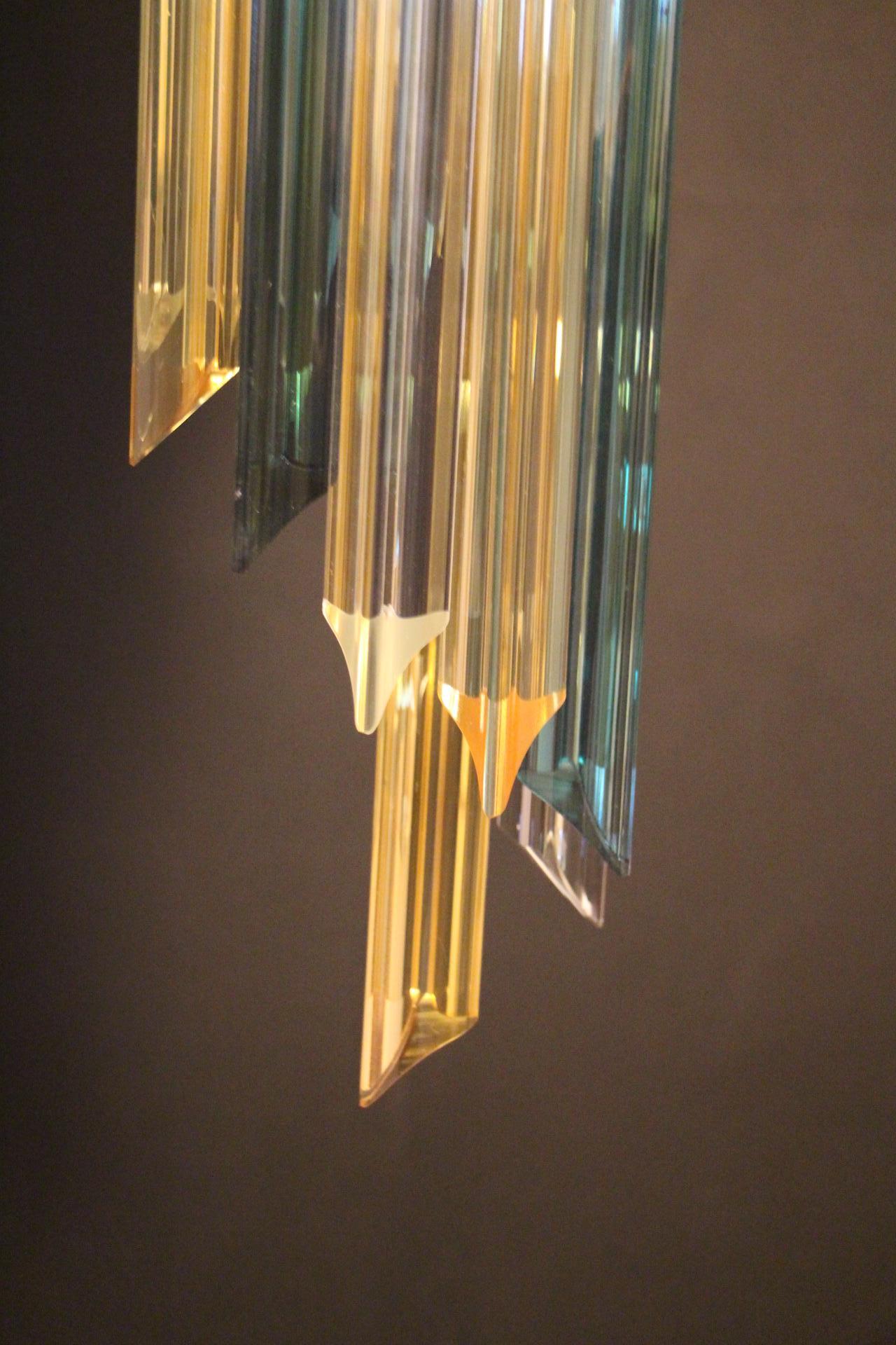 Italian Long Green and Amber Murano Glass Spiral Chandelier, Venini Style