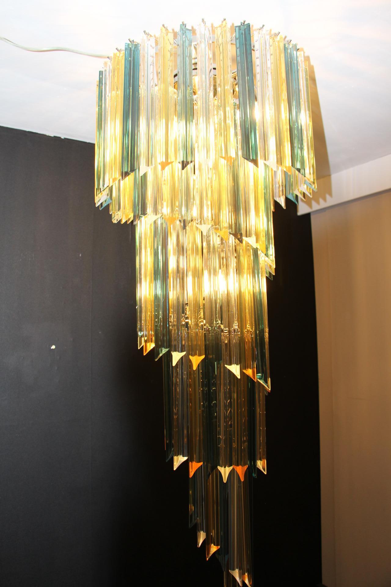 Long Green and Amber Murano Glass Spiral Chandelier, Venini Style 1