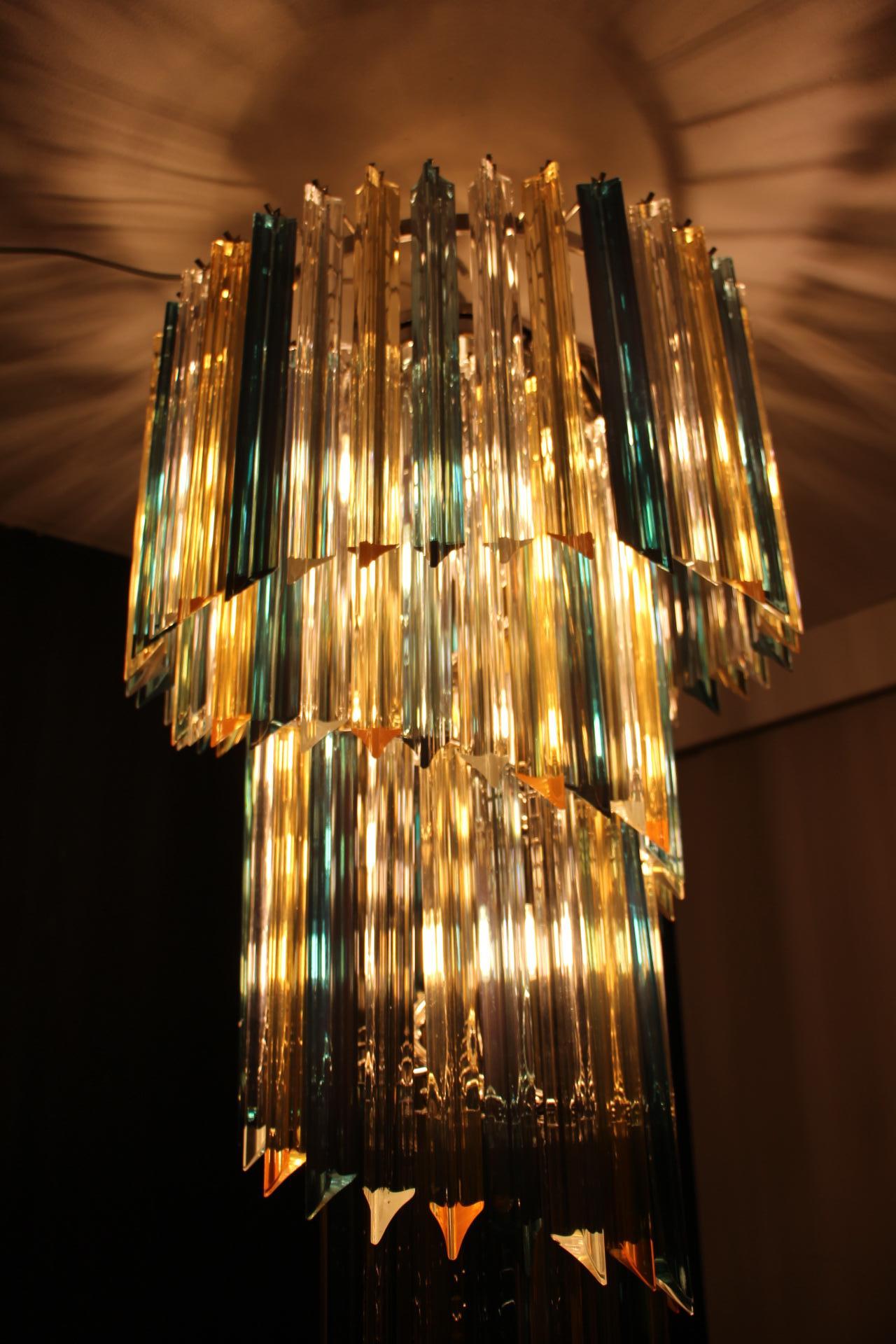 Long Green and Amber Murano Glass Spiral Chandelier, Venini Style 2