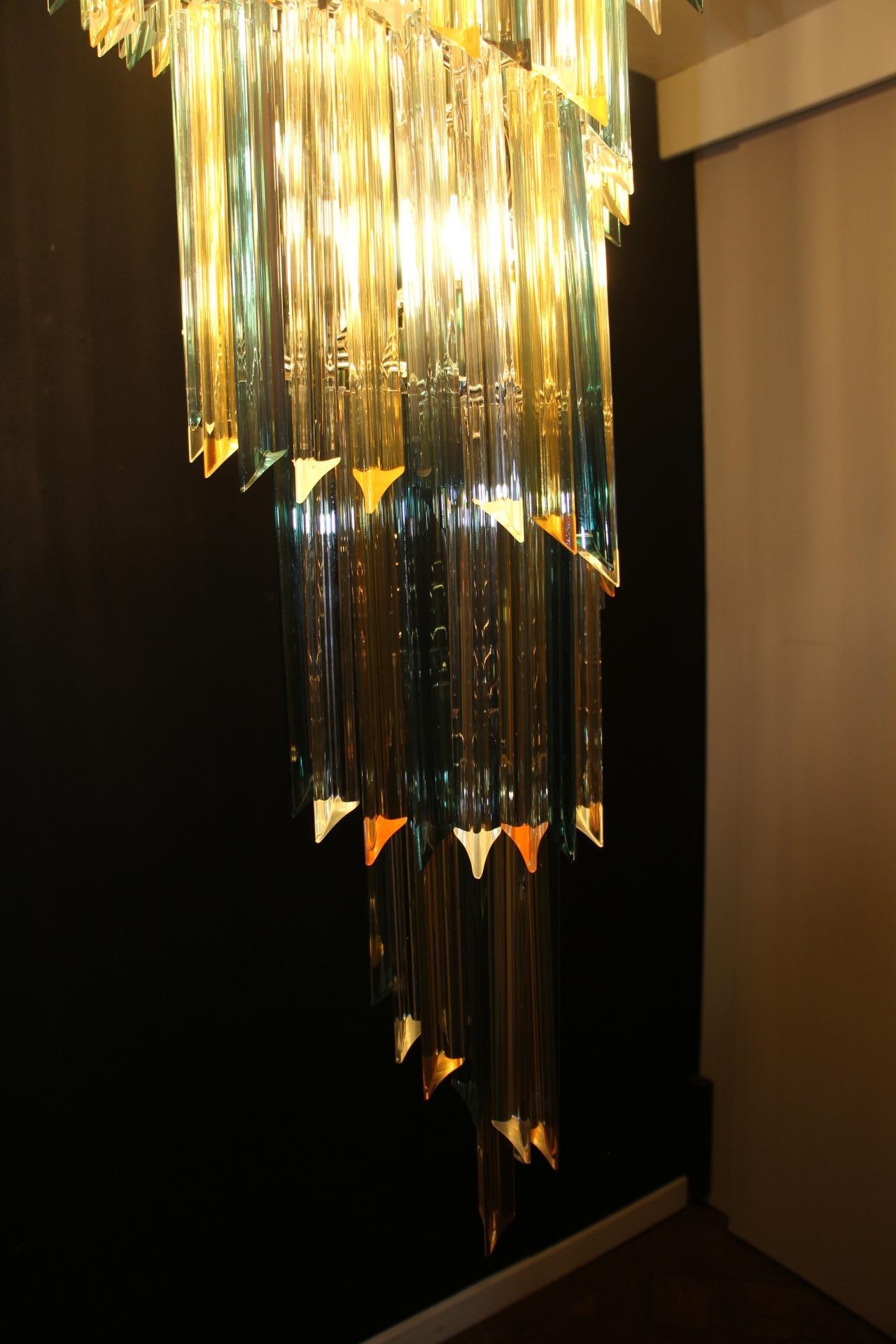 Long Green and Amber Murano Glass Spiral Chandelier, Venini Style 3