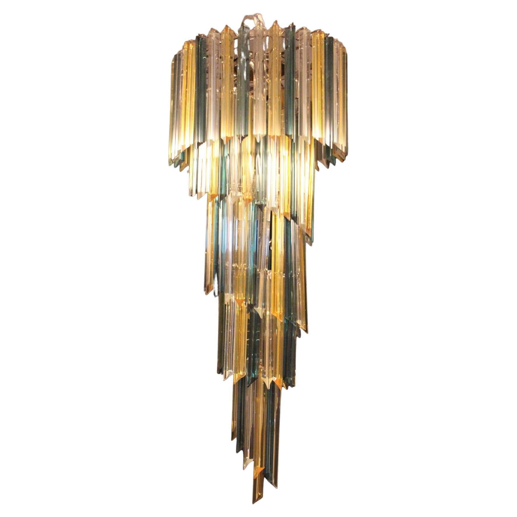 Long Green and Amber Murano Glass Spiral Chandelier, Venini Style