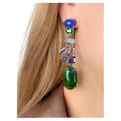 Long green blue tourmaline tanzanite drop earrings 18k 750 white gold cabochon