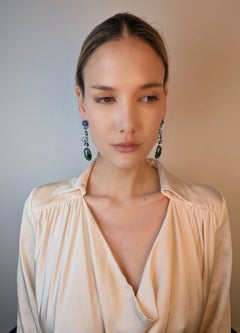 Long green blue tourmaline tanzanite drop earrings 18k 750 white gold cabochon