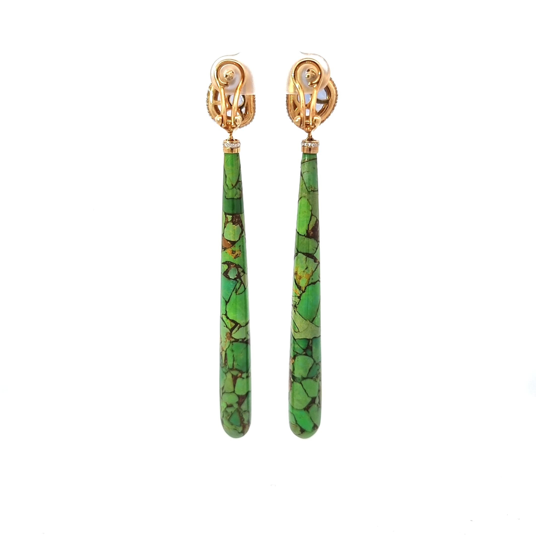 Women's Long Green Turquoise Earrings with Uncut Sapphires and White Diamonds For Sale