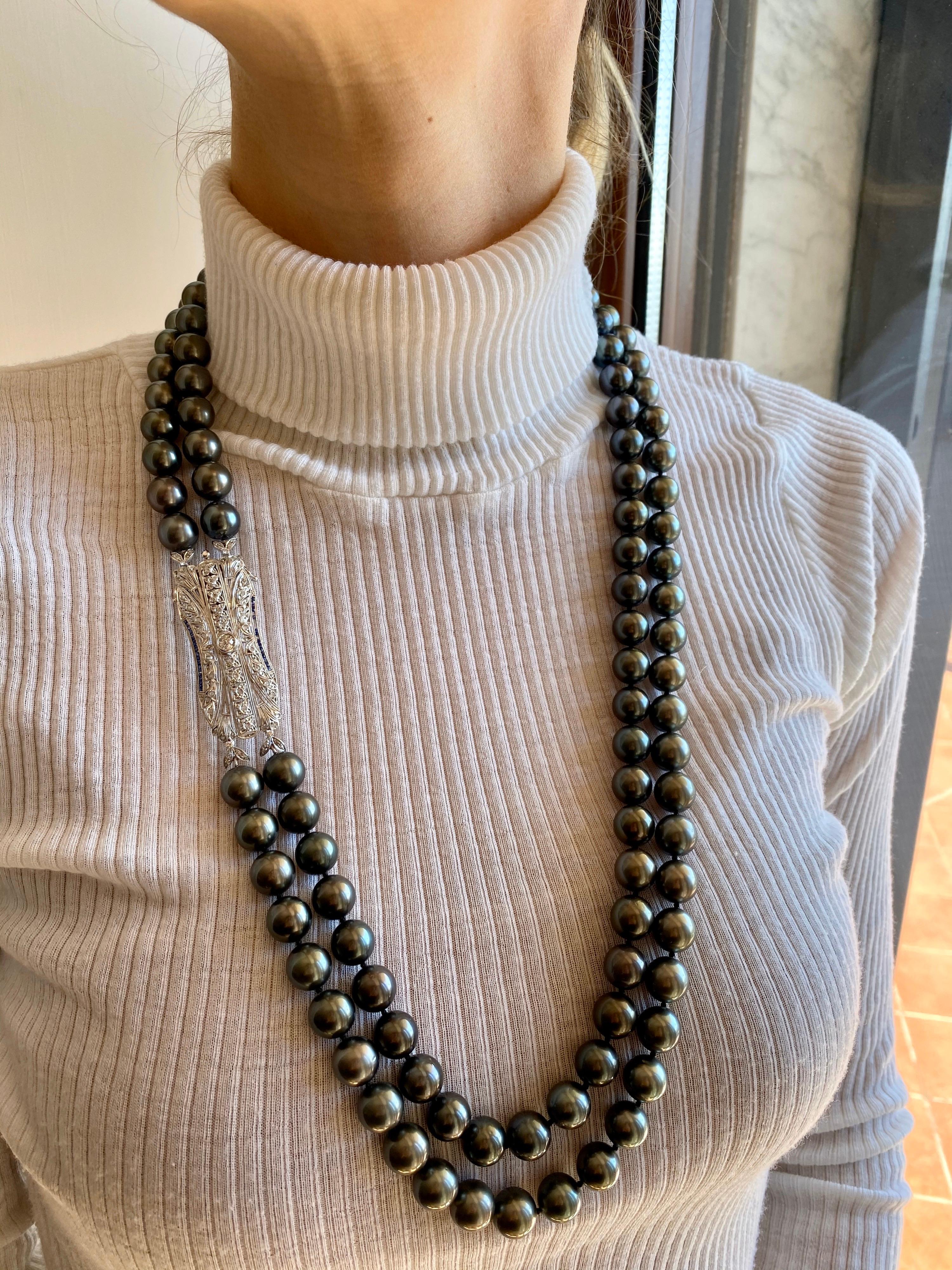 Long Grey Black Tahitian Pearl Necklace Art Deco Style Diamond Gold Clasp 1