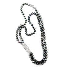 Long Grey Black Tahitian Pearl Necklace Art Deco Style Diamond Gold Clasp