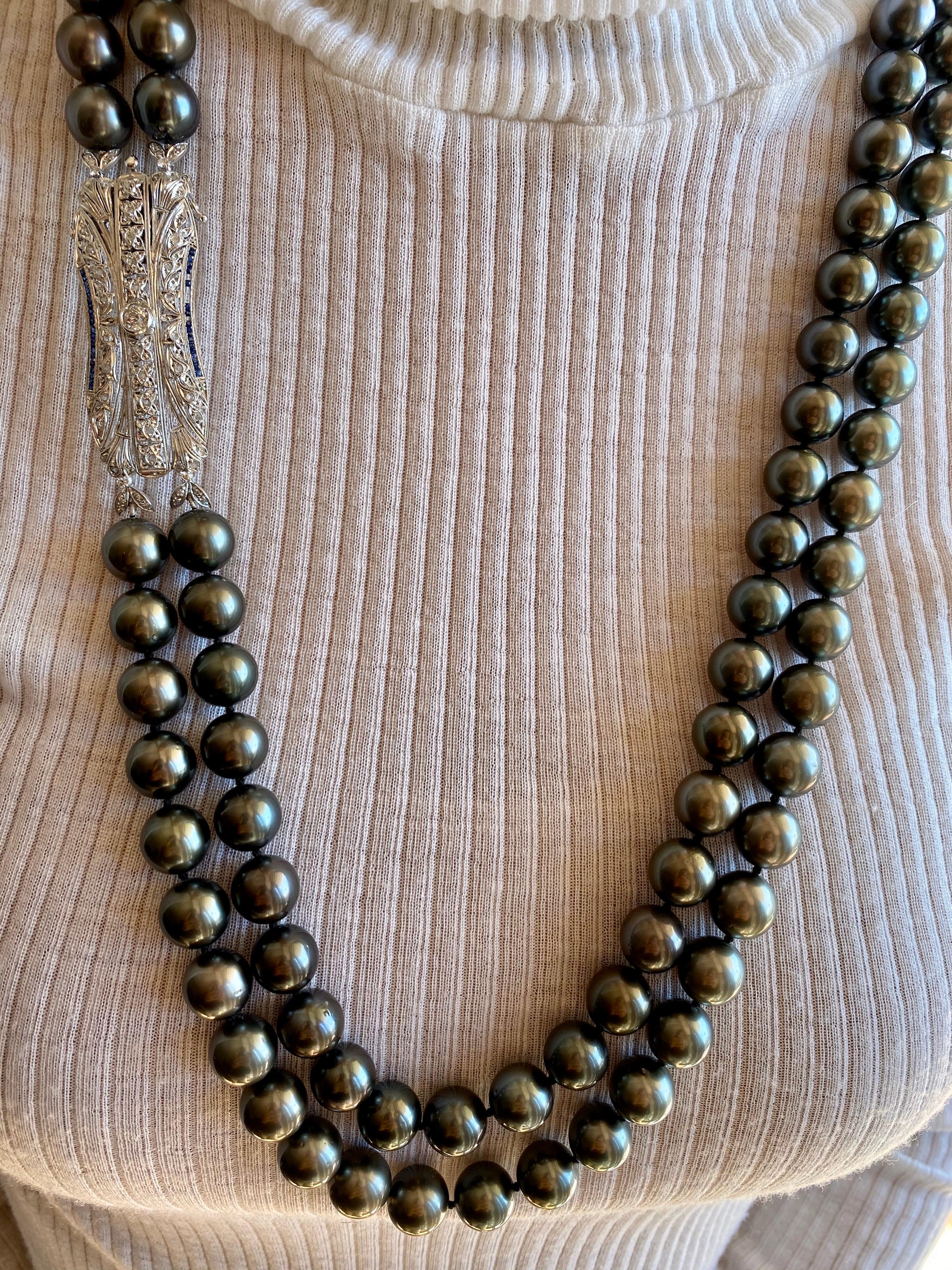 Women's Long Grey Black Tahitian Pearl Necklace Art Deco Style Diamond Gold Clasp