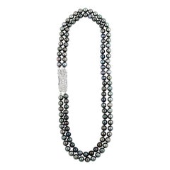 Long Grey Black Tahitian Pearl Necklace Art Deco Style Diamond Gold Clasp