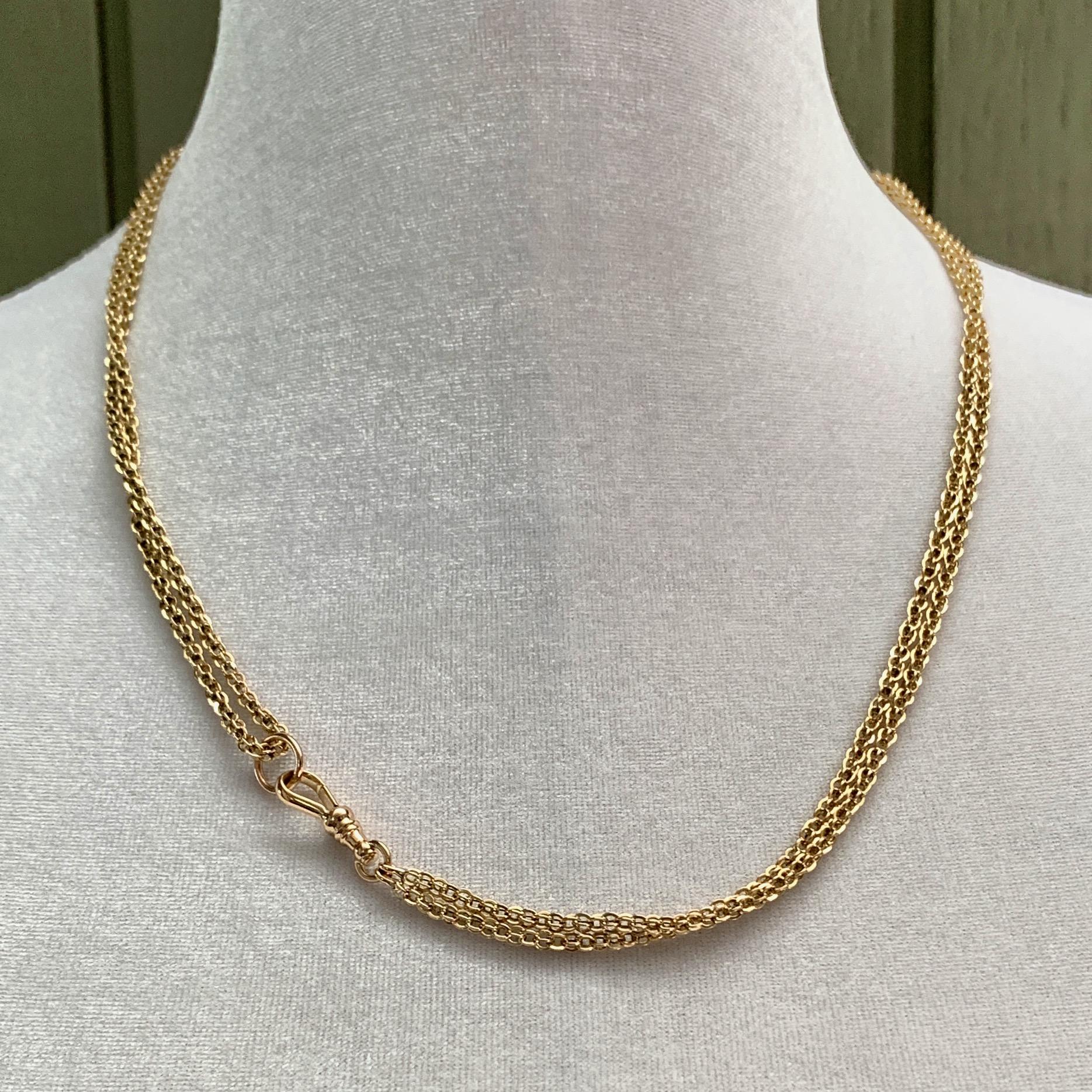 Women's or Men's Long Guard Chain in Yellow Gold with Cage Links and Rose Gold Swivel Clip